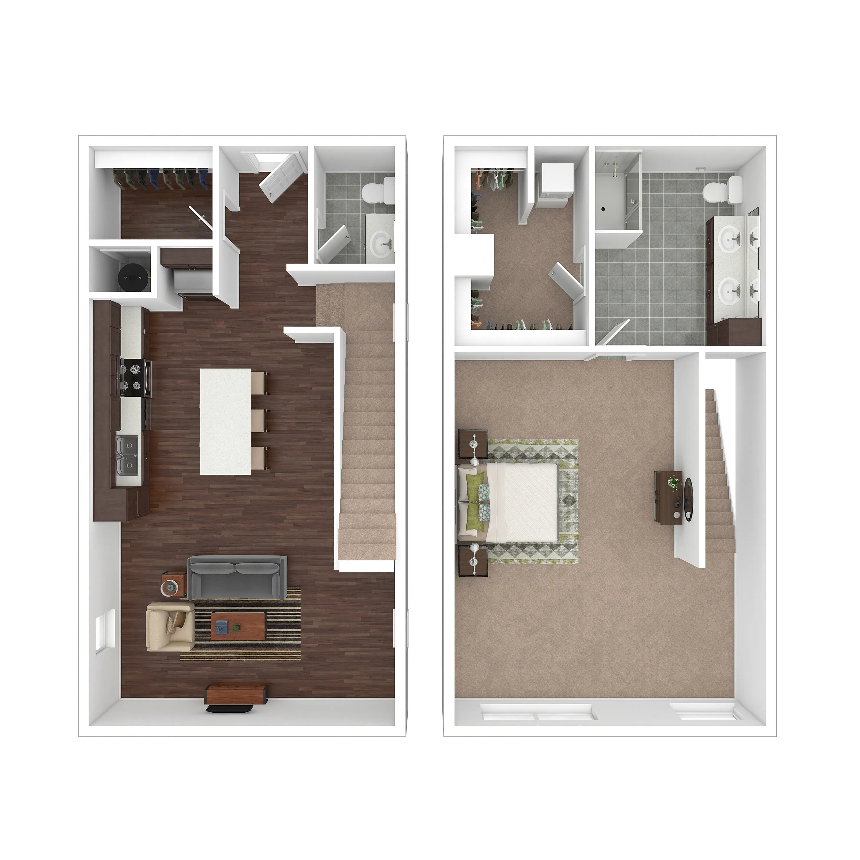 Modern 2-level floor plan showcasing an inviting open-concept living area with a sleek kitchen, spacious bedroom, and luxurious bathroom with dual sinks.