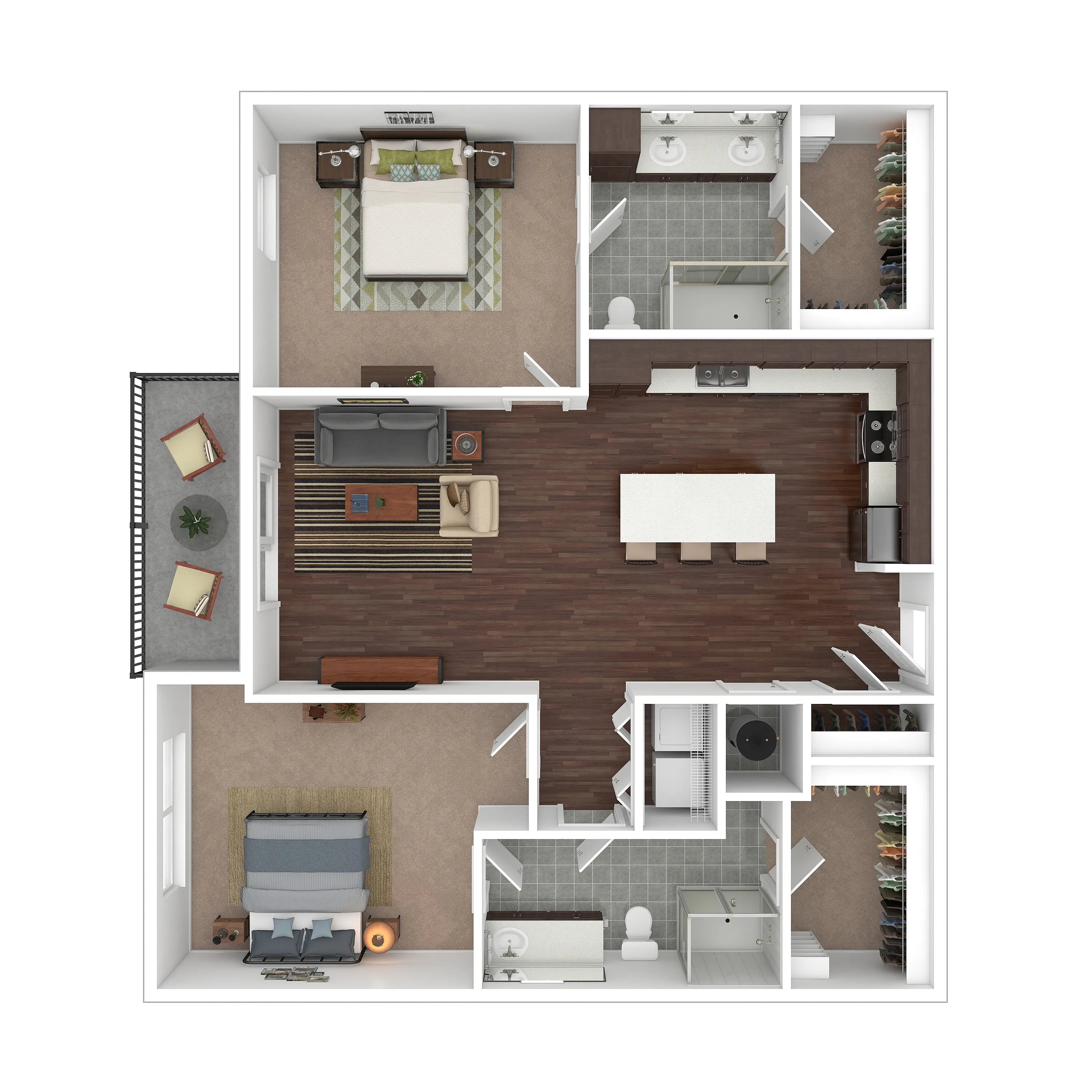 Elegant 3D floor plan showcasing a modern apartment with 2 bedrooms, a spacious open-concept living area, sleek kitchen, and two well-appointed bathrooms, complete with a cozy balcony space.