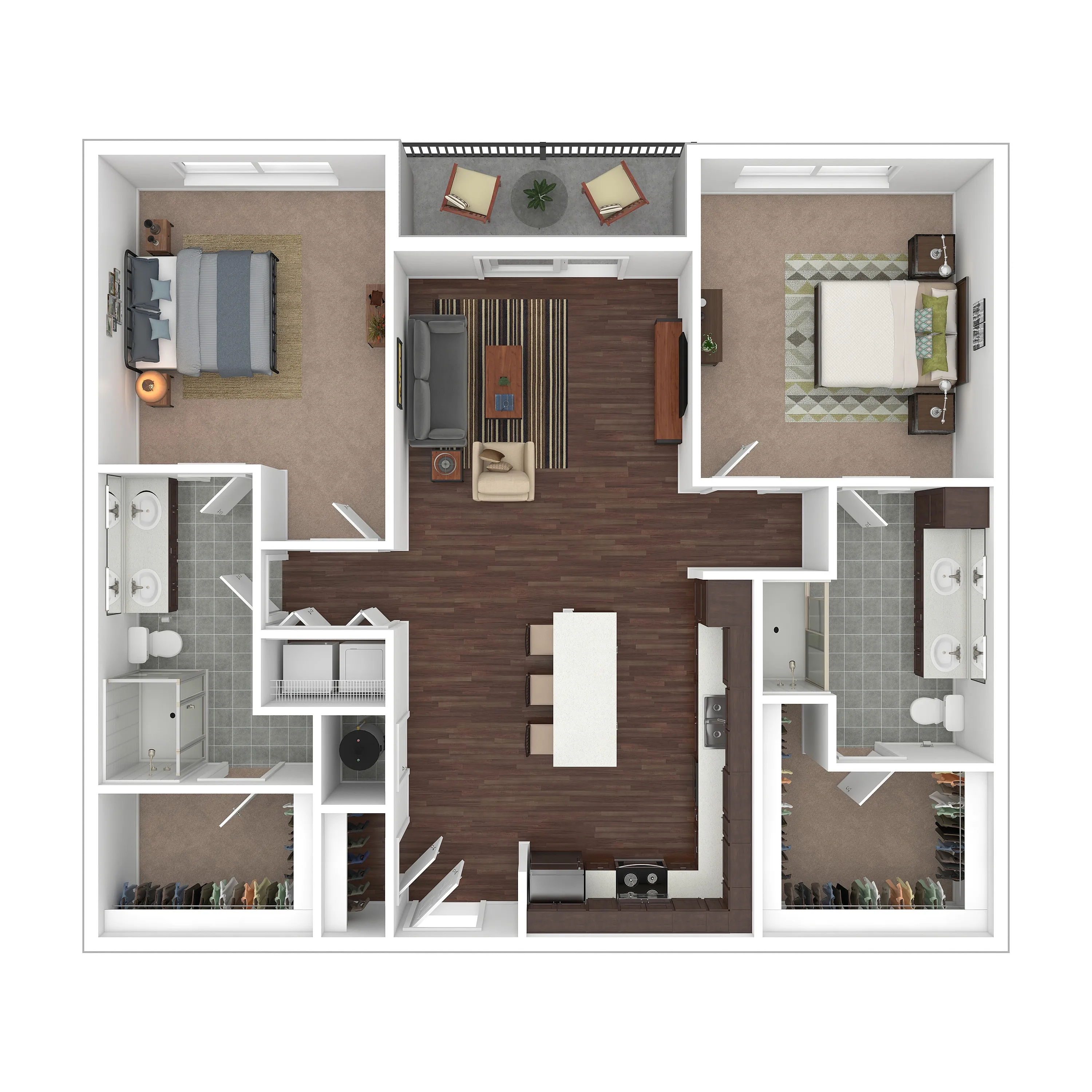 Inviting floor plan showcasing two spacious bedrooms, a stylish open-concept living area, modern kitchen, and dual bathrooms, designed for comfort and elegance.