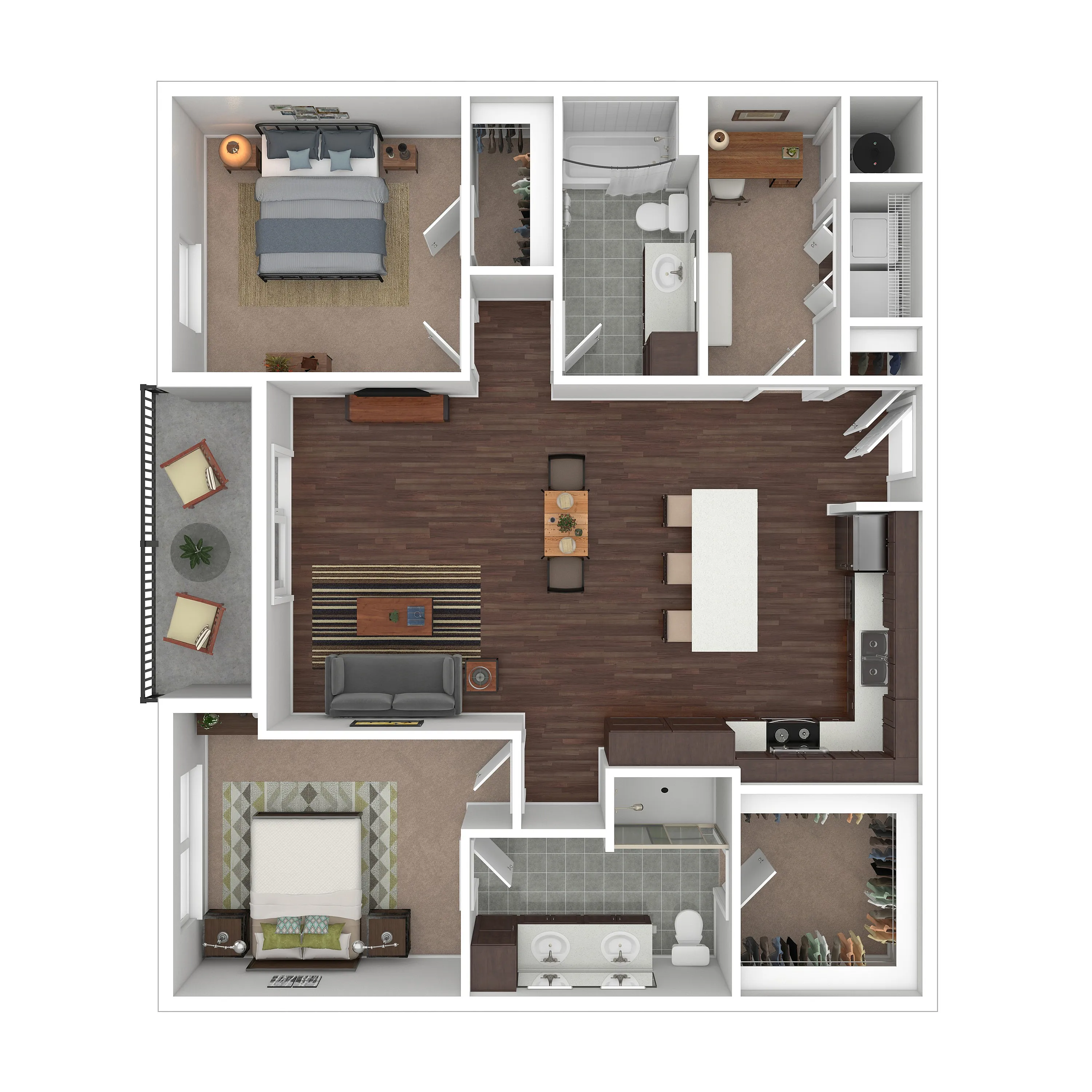 Modern 2D floor plan featuring two spacious bedrooms, open-concept living and dining area, sleek kitchen, and two bathrooms, complete with a private balcony.