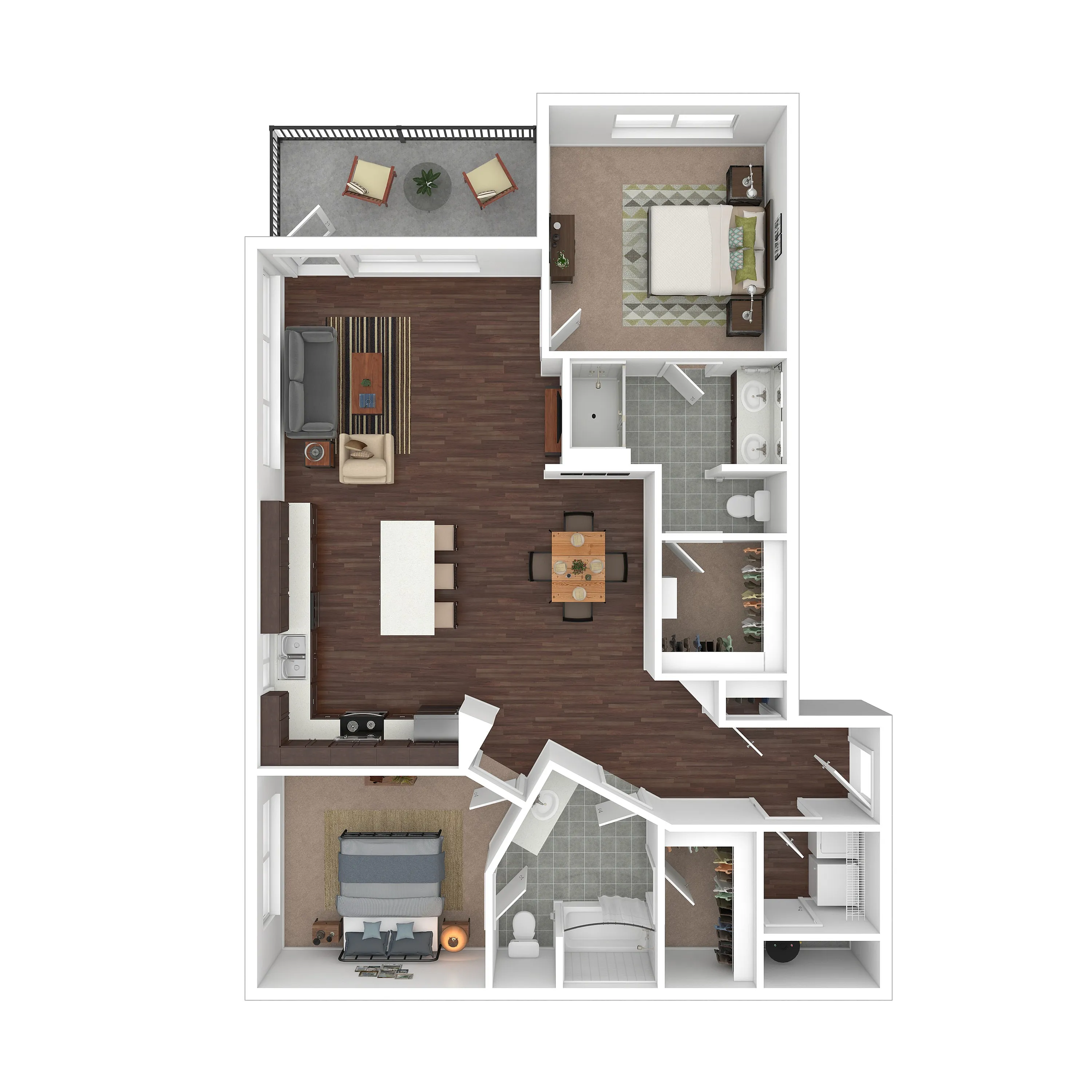 Modern 2D floor plan showcasing 2 bedrooms, an open-concept living and dining area, sleek kitchen, and private balcony.