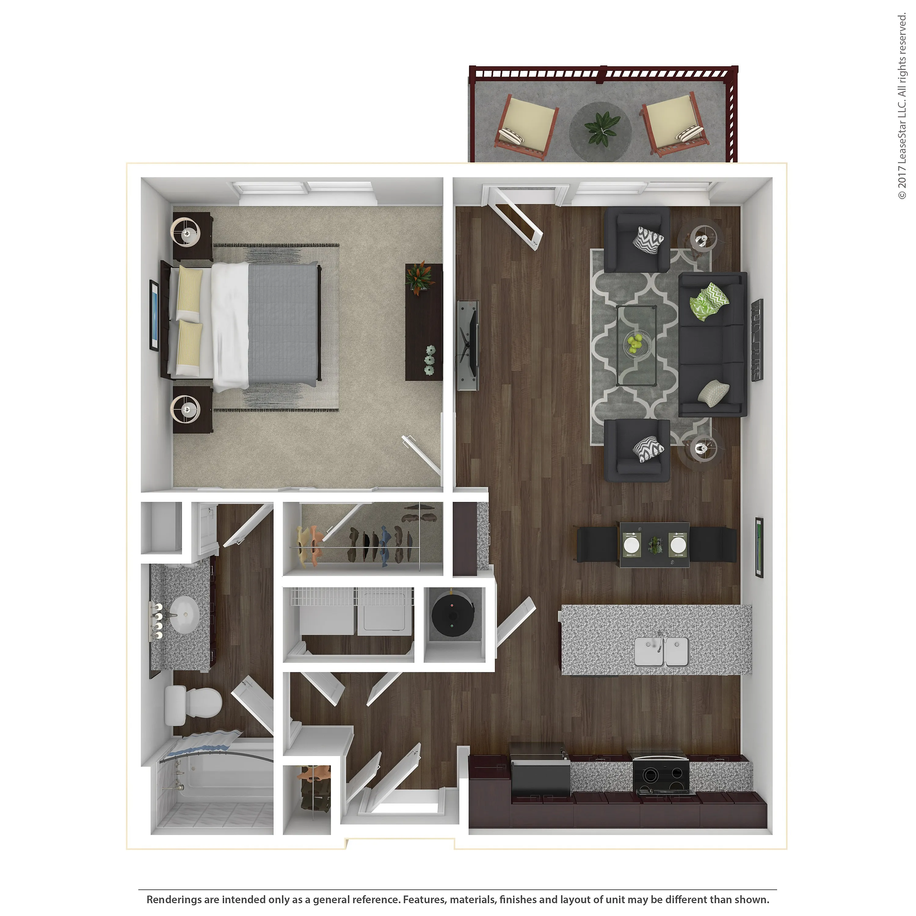 Modern apartment floor plan featuring a spacious bedroom, inviting living room with balcony access, sleek kitchen, and a convenient bathroom.