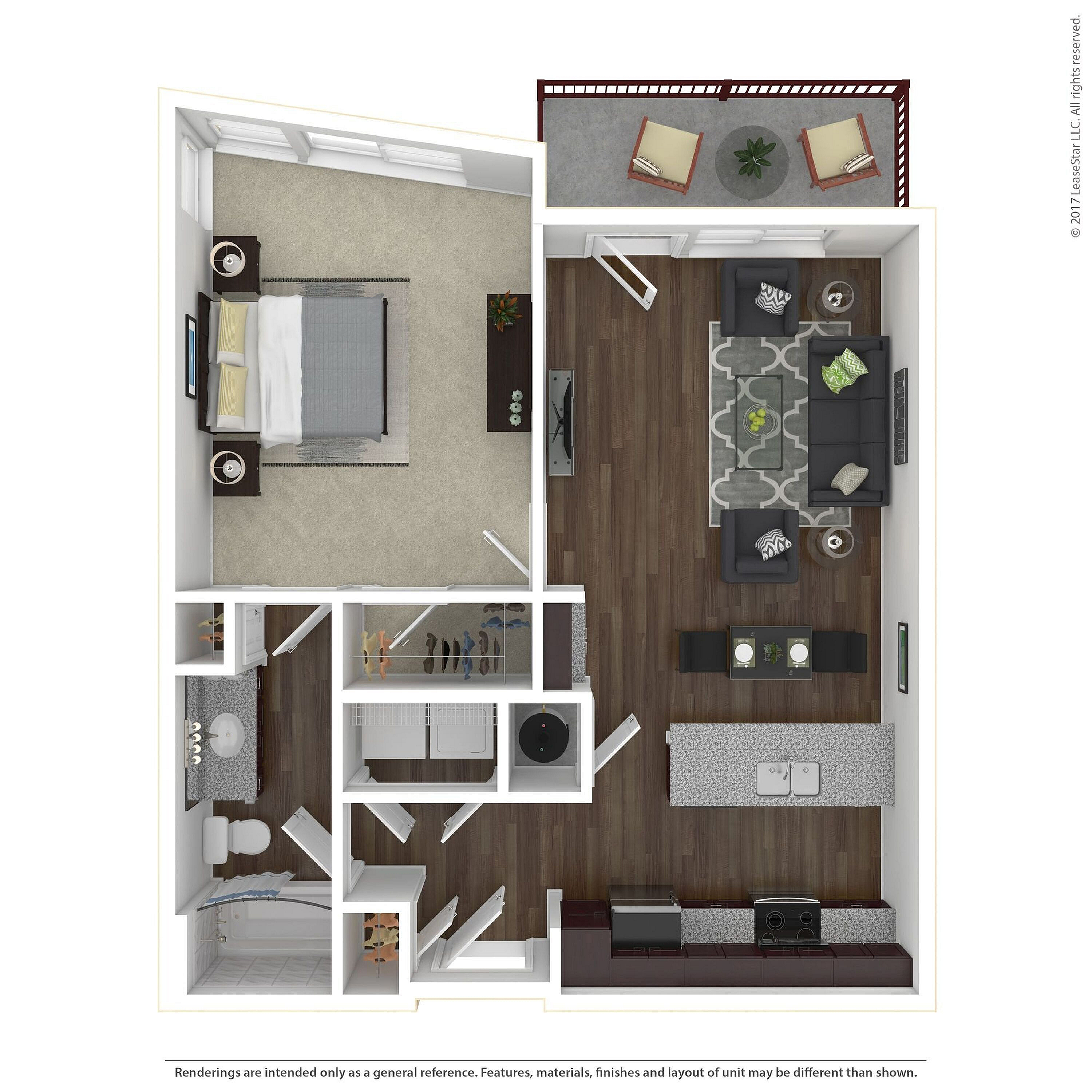 Modern 3D apartment floor plan featuring an open-concept living and dining area, cozy bedroom, stylish kitchen, and a private balcony.