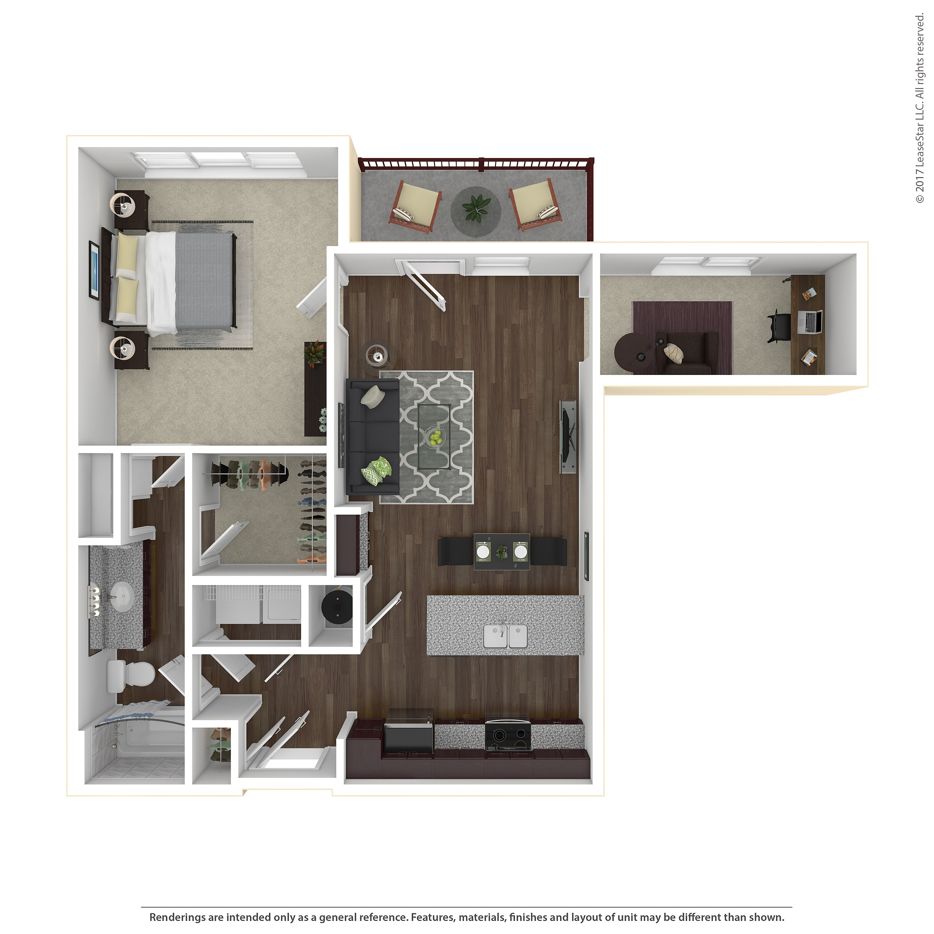 Modern 1-bedroom apartment floor plan with open-concept living area, stylish kitchen, cozy balcony, and dedicated office space.