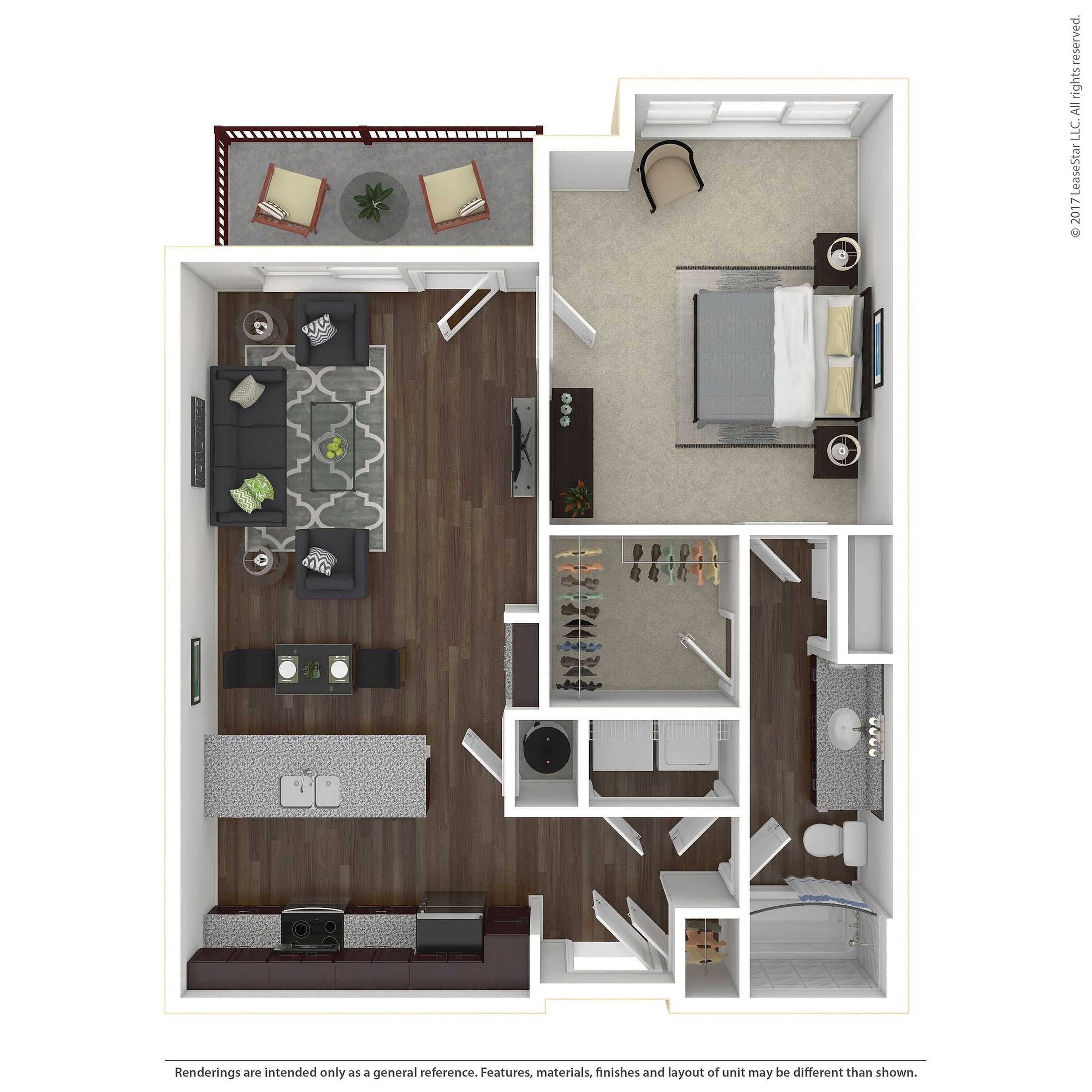 Modern floor plan showcasing a spacious 1-bedroom apartment with open-concept living room, sleek kitchen, and cozy balcony.