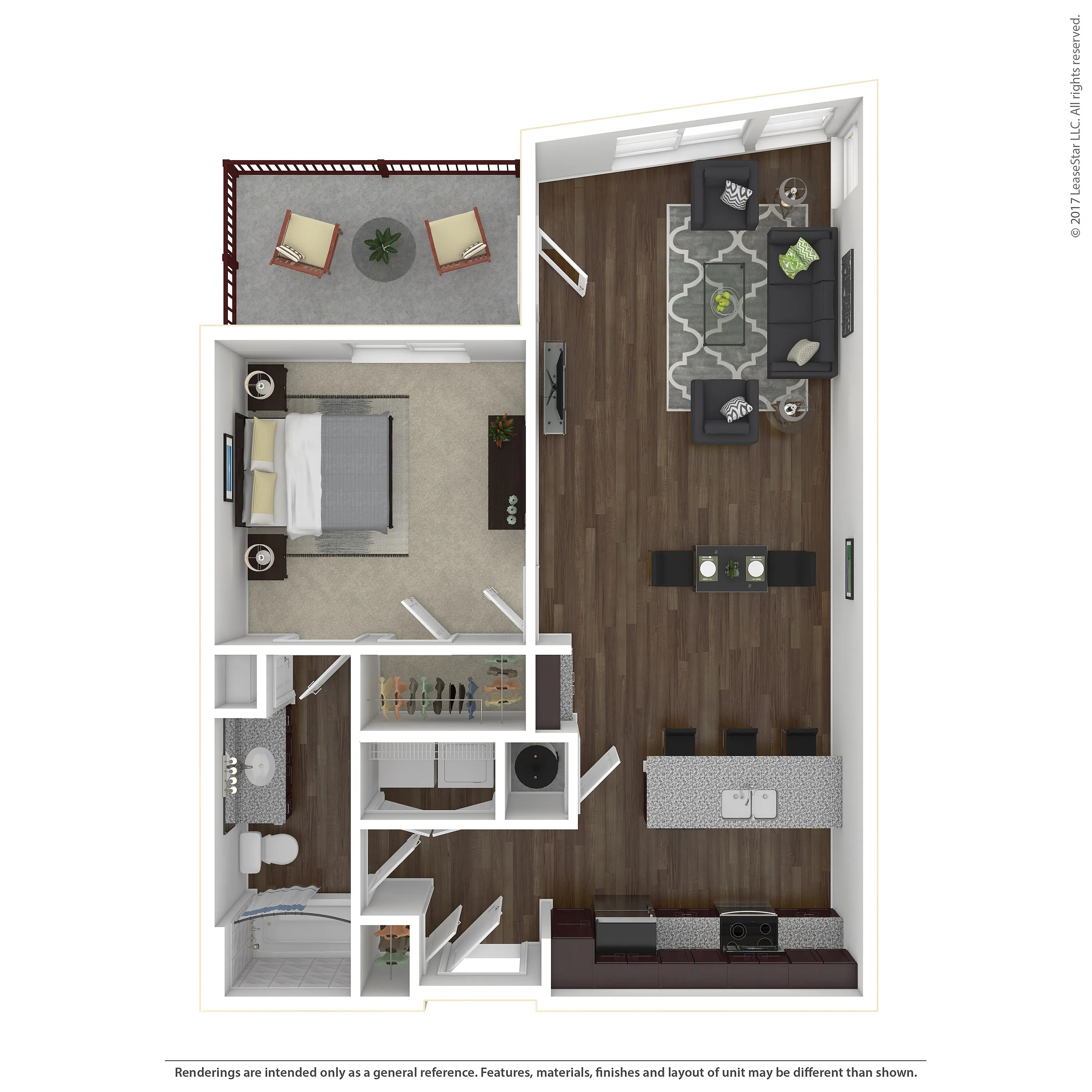 Modern apartment floor plan showcasing a spacious 1-bedroom with an open-concept living and dining area, stylish kitchen, and private balcony for outdoor relaxation.