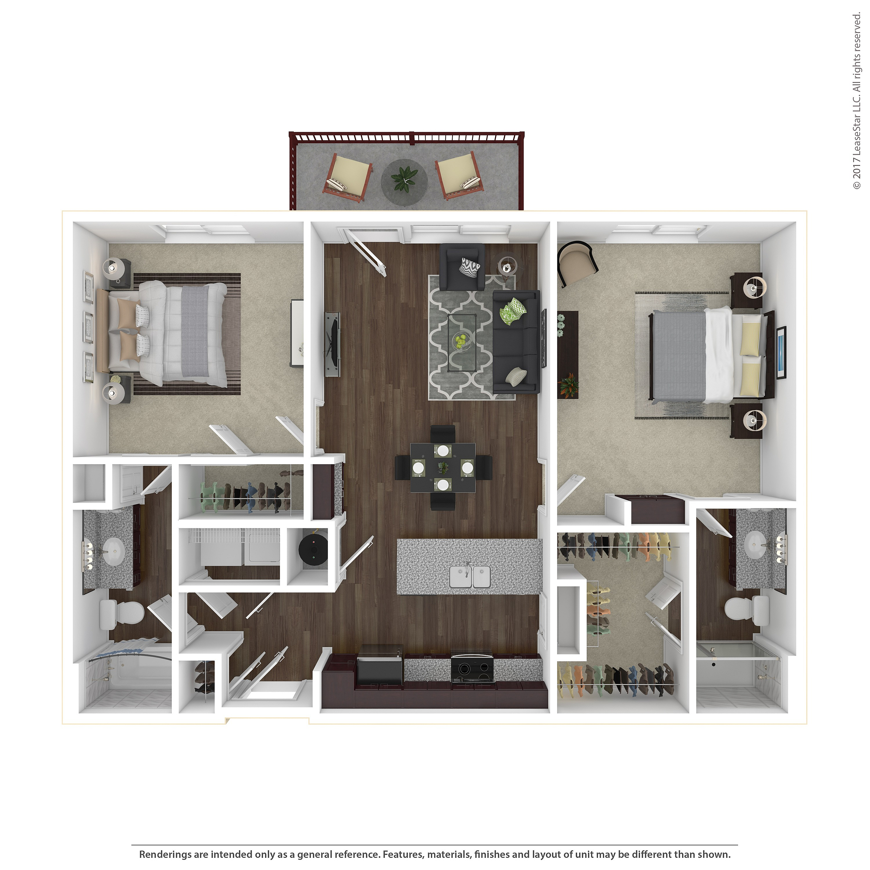 Contemporary 2D floor plan featuring two spacious bedrooms, elegant living room, modern kitchen, and dual bathrooms. Includes a cozy balcony area, ideal for an urban lifestyle.