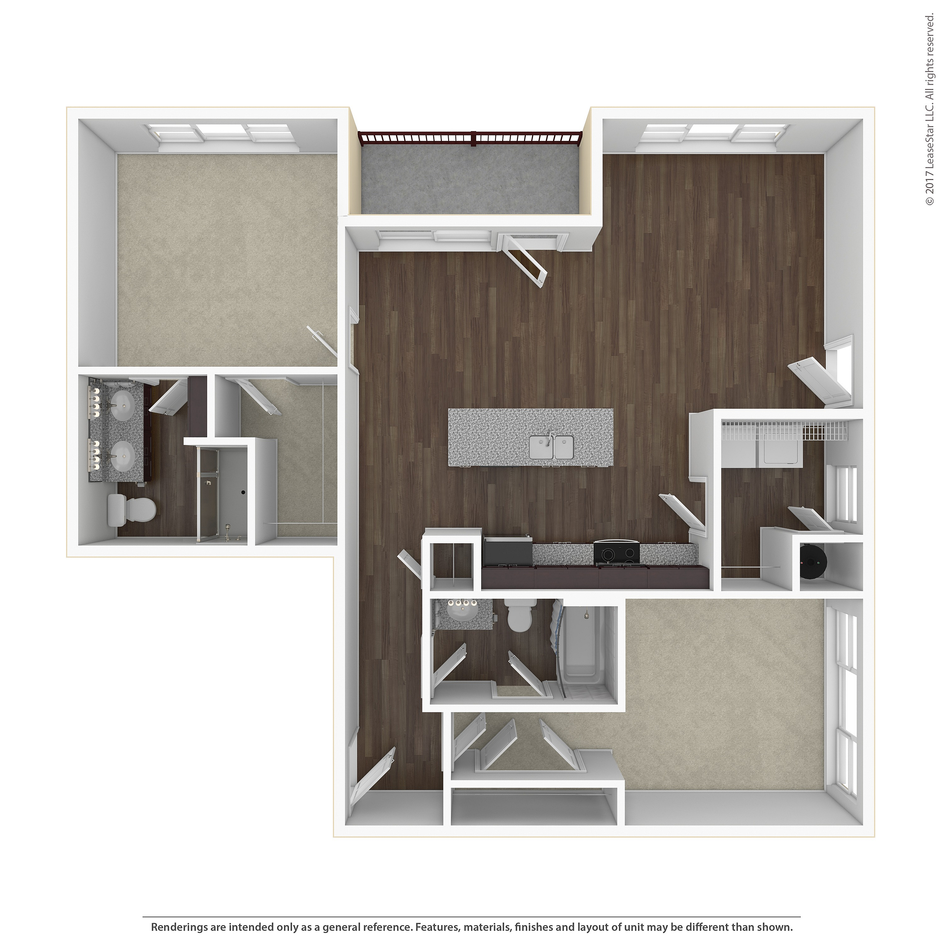 Modern 2D floor plan showcasing a spacious open-concept living room with hardwood floors, elegant kitchen island, two bedrooms, and two stylish bathrooms.