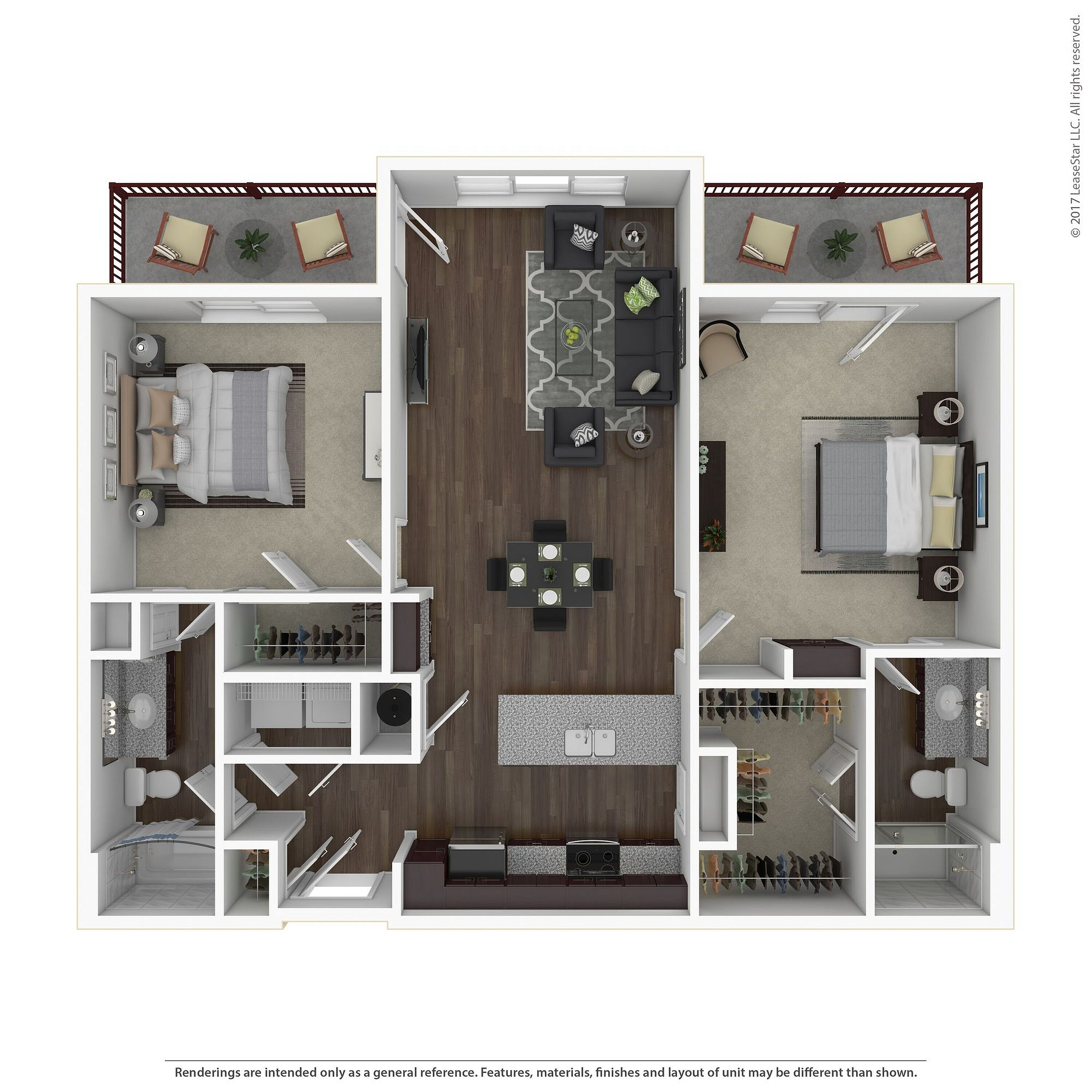 Modern 3D floor plan displaying 2 bedrooms, a stylish open-concept living area, and a sleek kitchen with an island. Includes a cozy balcony space, perfect for relaxation.