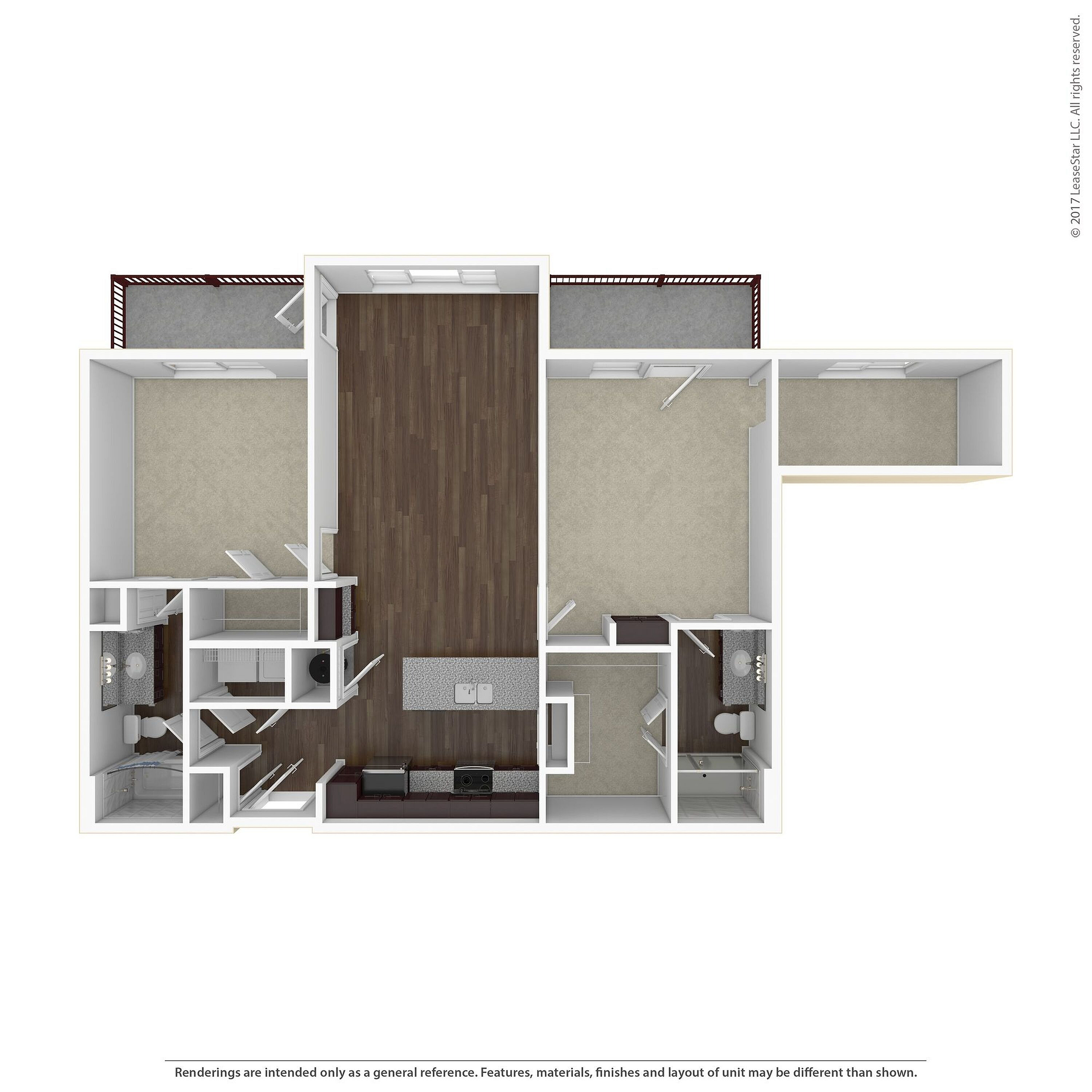 Modern floor plan showcasing two spacious bedrooms, a sleek open kitchen, and expansive living area with stylish wood flooring.