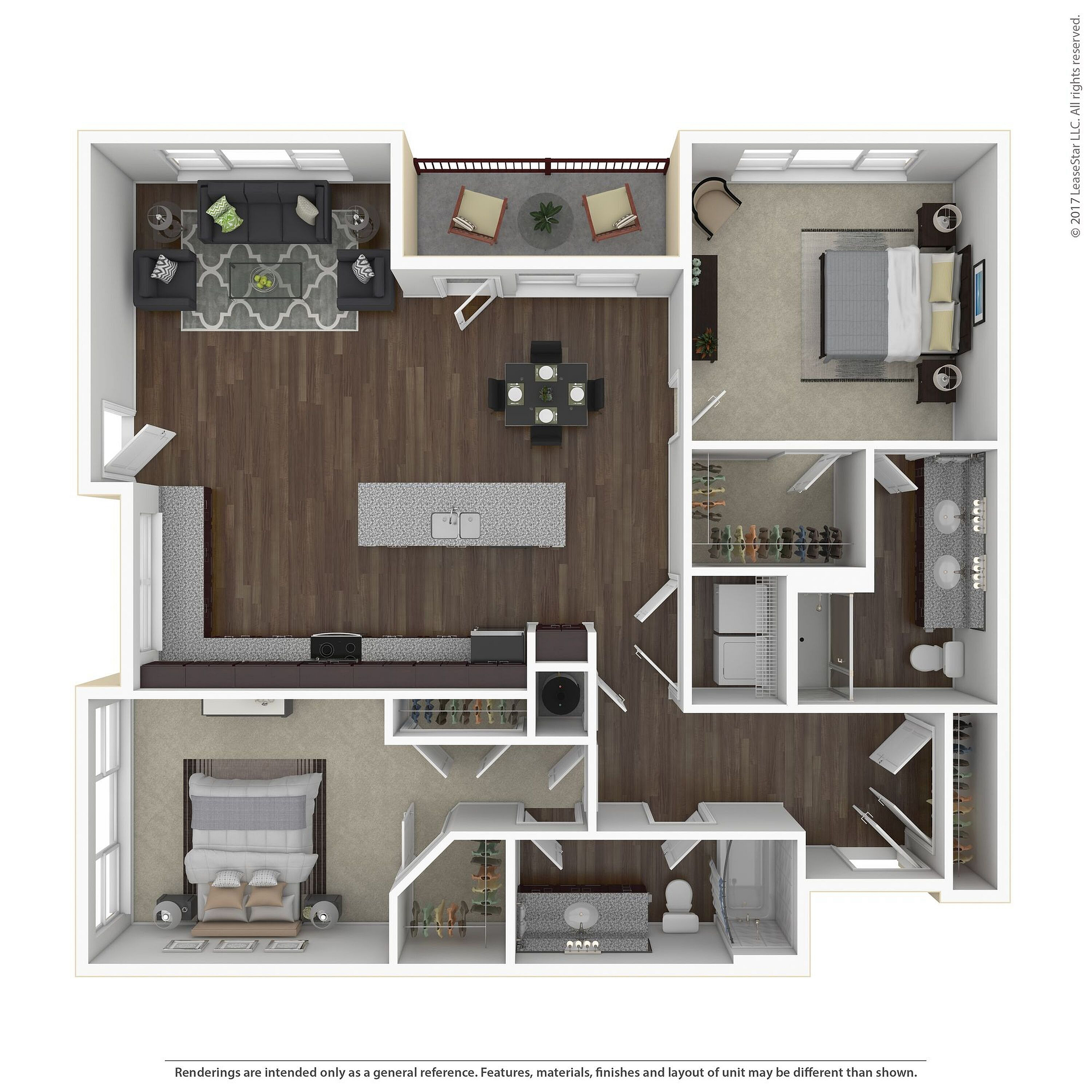 Modern 3D floor plan showcasing a chic two-bedroom apartment with a spacious open-concept living area, stylish kitchen, and private balcony.