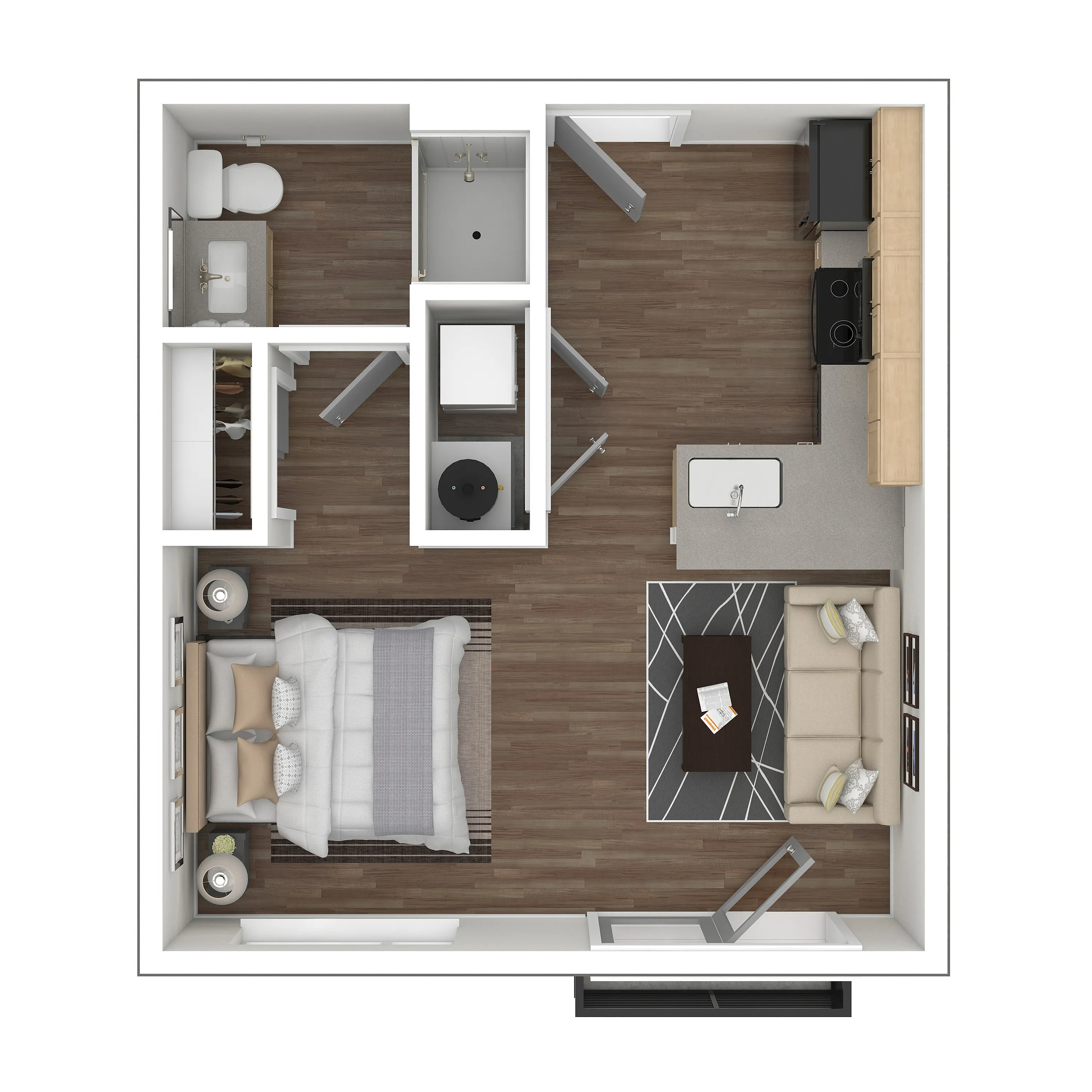 Chic 1-bedroom apartment floor plan with modern kitchen, cozy living space, and stylish bathroom layout.