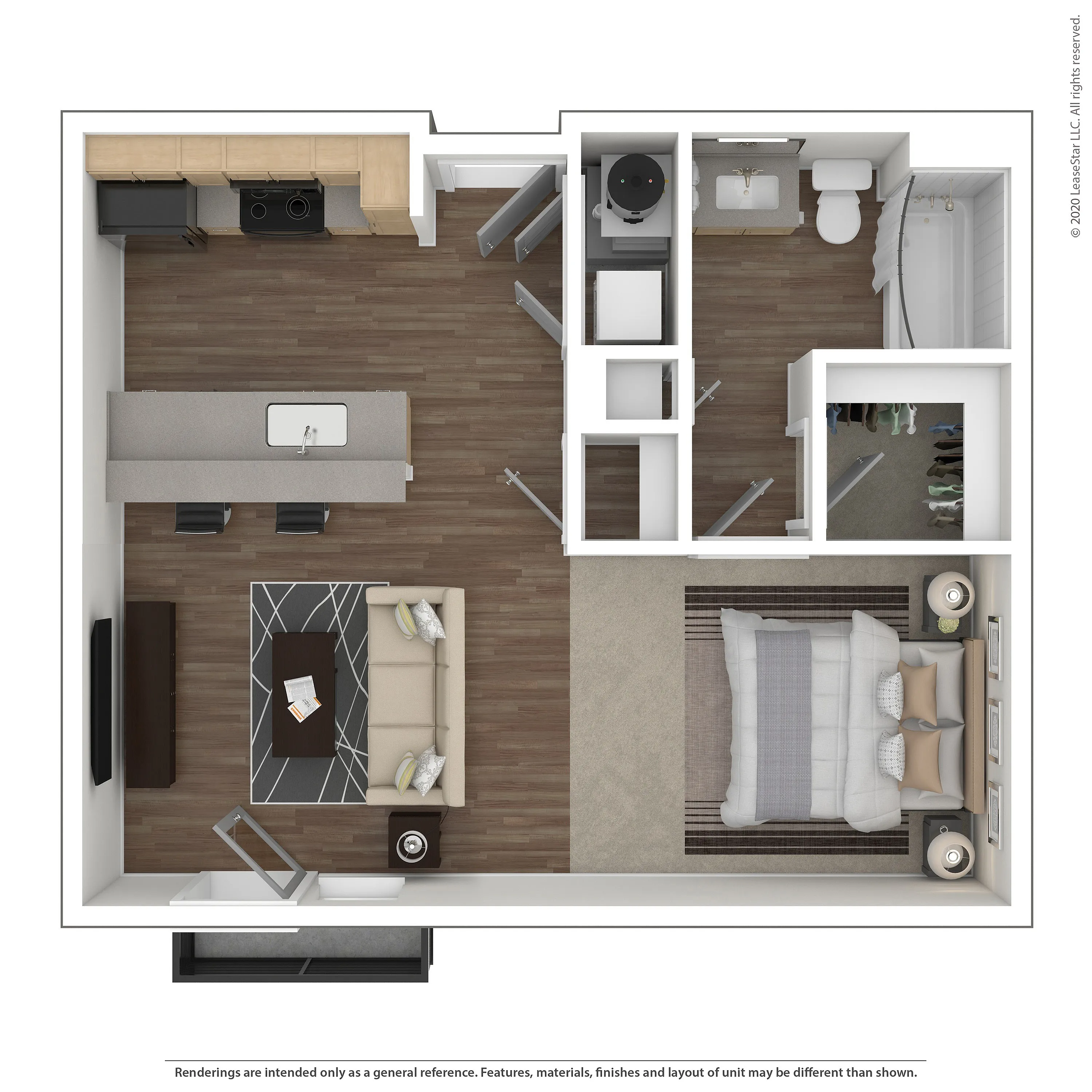 Modern 1-bedroom apartment floor plan with open-concept living area and sleek kitchen design.