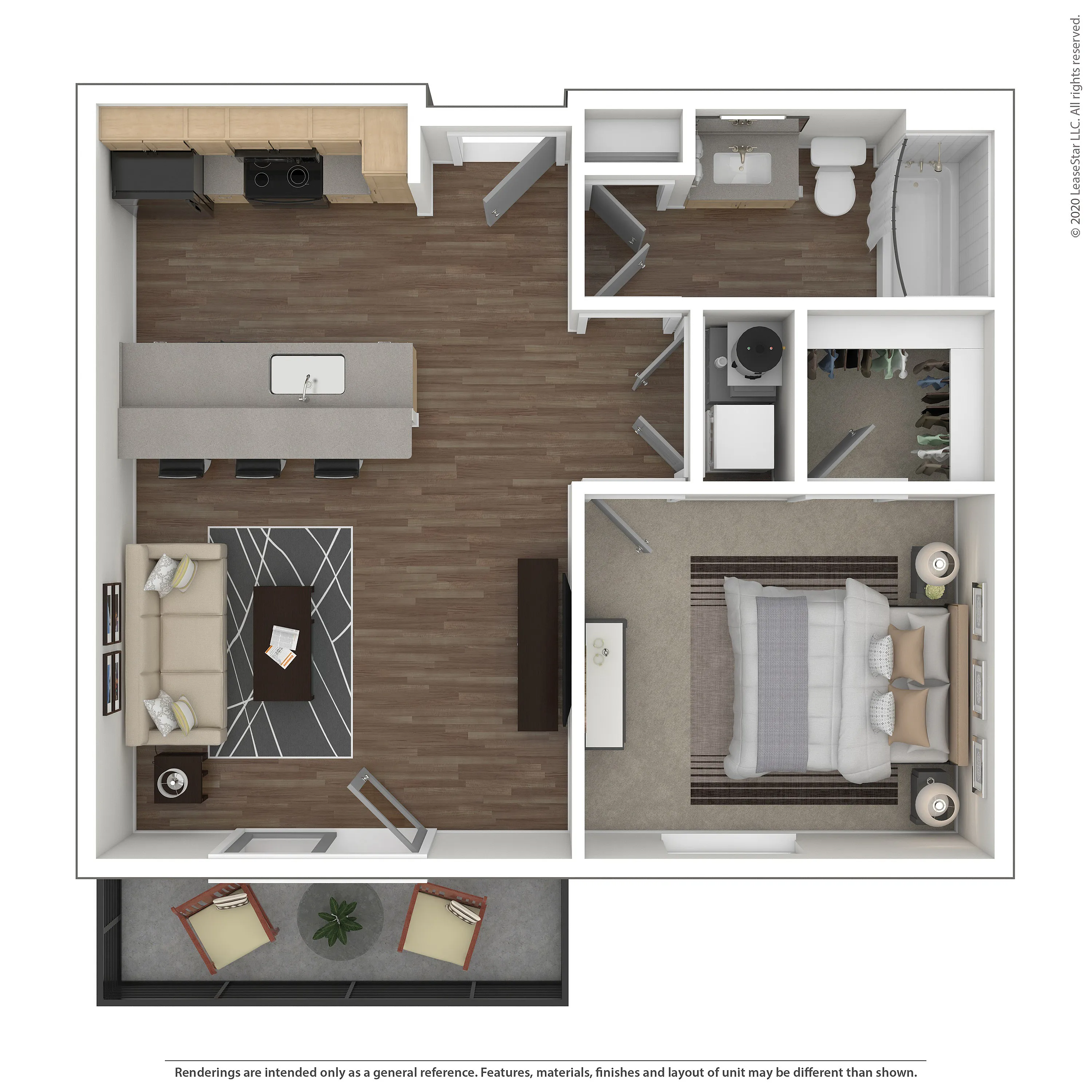 Modern 3D apartment floor plan showcasing a cozy bedroom, open-concept kitchen with island seating, and inviting living area opening to a patio. Perfect blend of style and functionality.