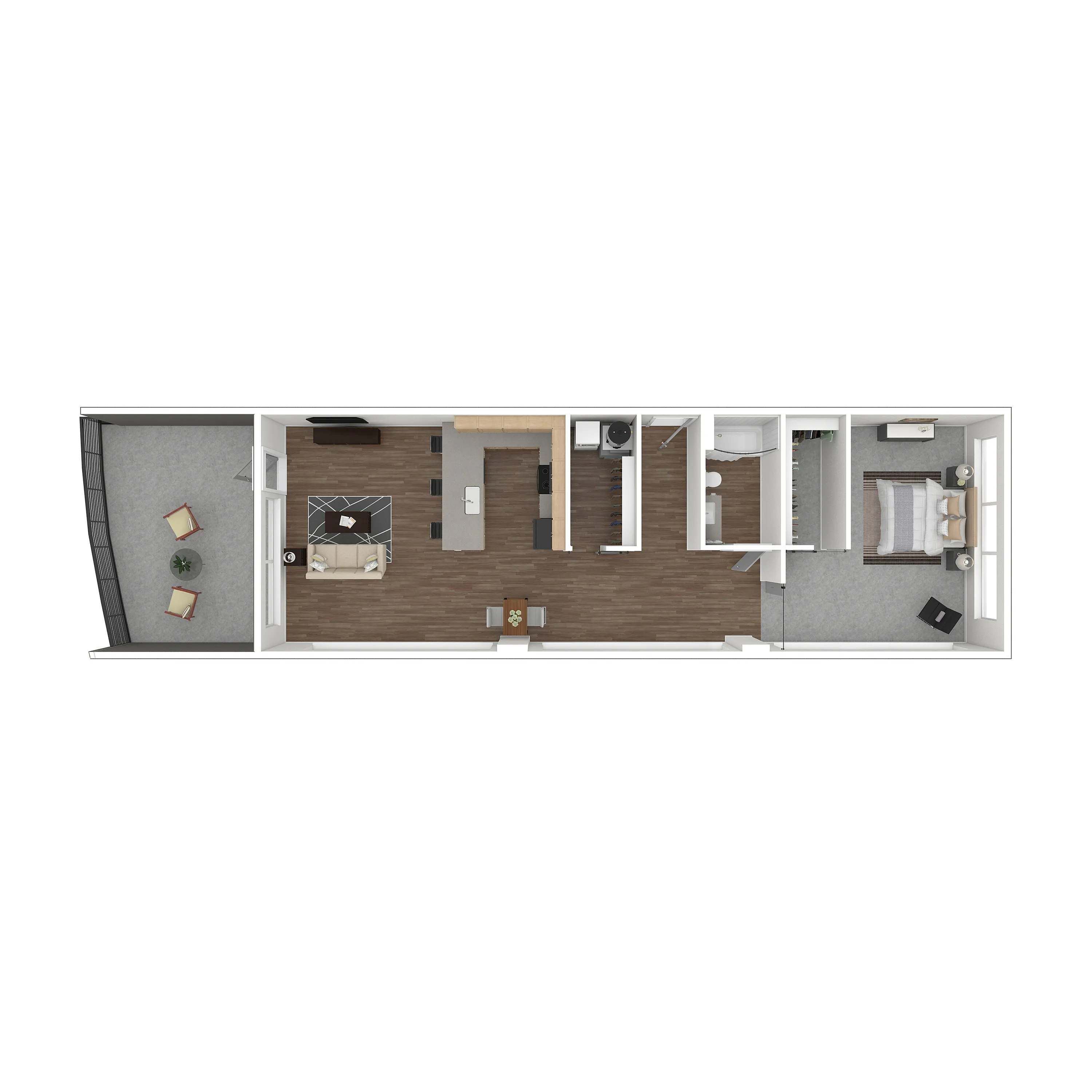 Modern 2D floor plan showcasing a spacious one-bedroom apartment with an open-concept living and dining area, a sleek kitchen, and a private balcony.