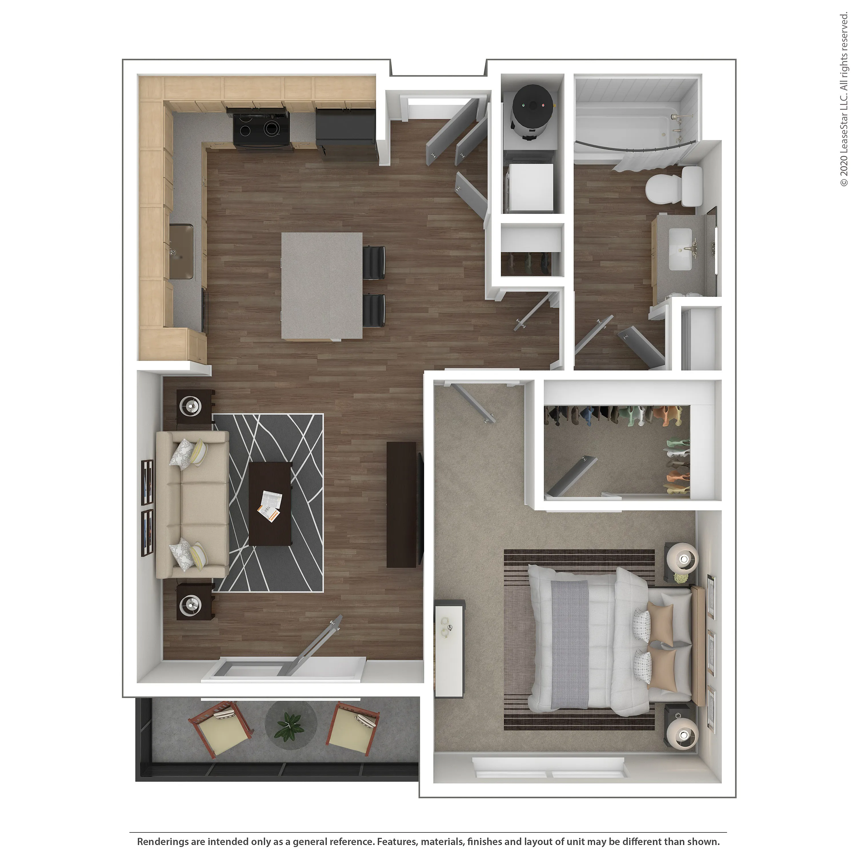 Modern floor plan with sleek open-concept kitchen, spacious living area, cozy bedroom, and efficient bathroom layout.