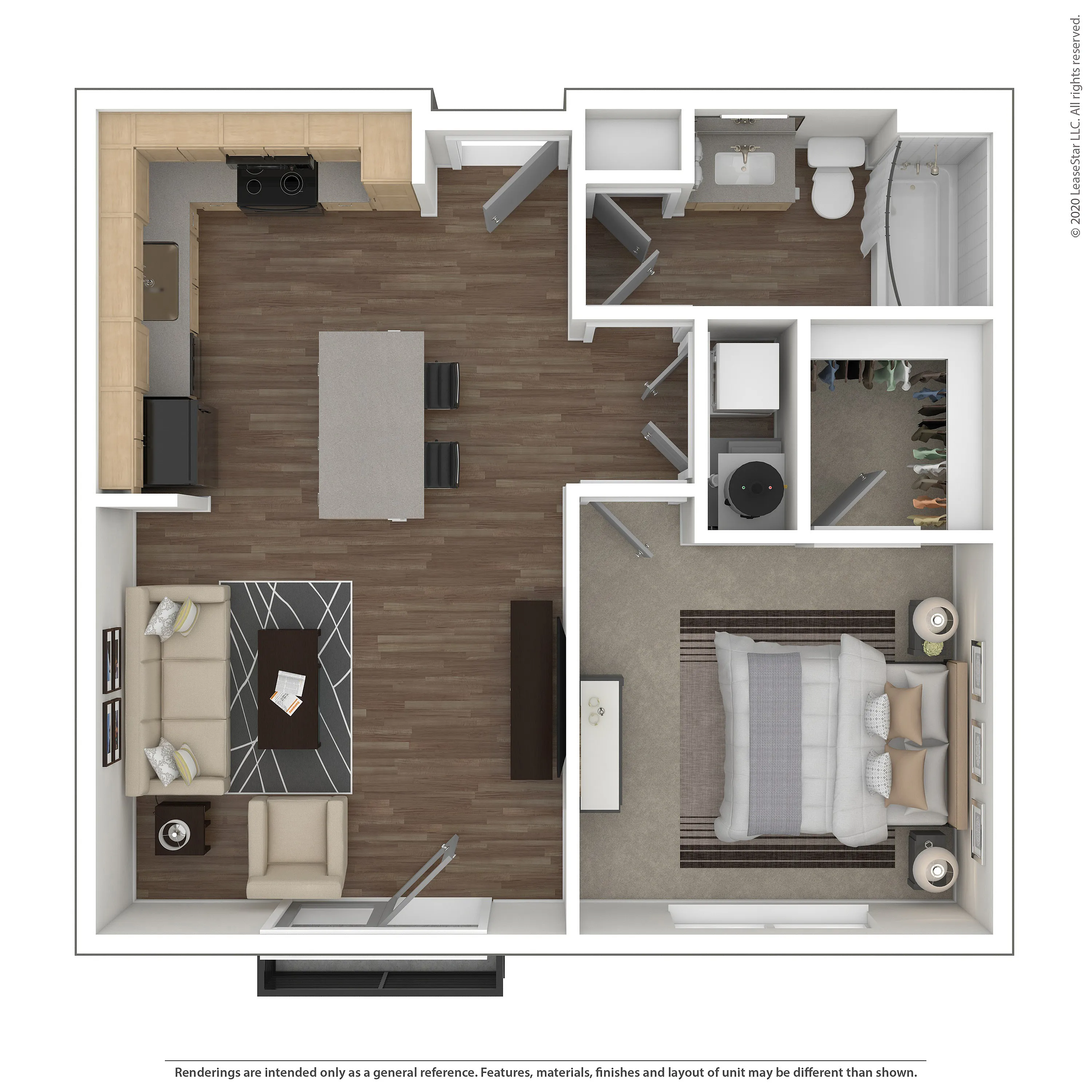 Contemporary 1-bedroom apartment floor plan featuring an open-concept kitchen and living area, spacious bedroom with large closet, and stylish bathroom layout.