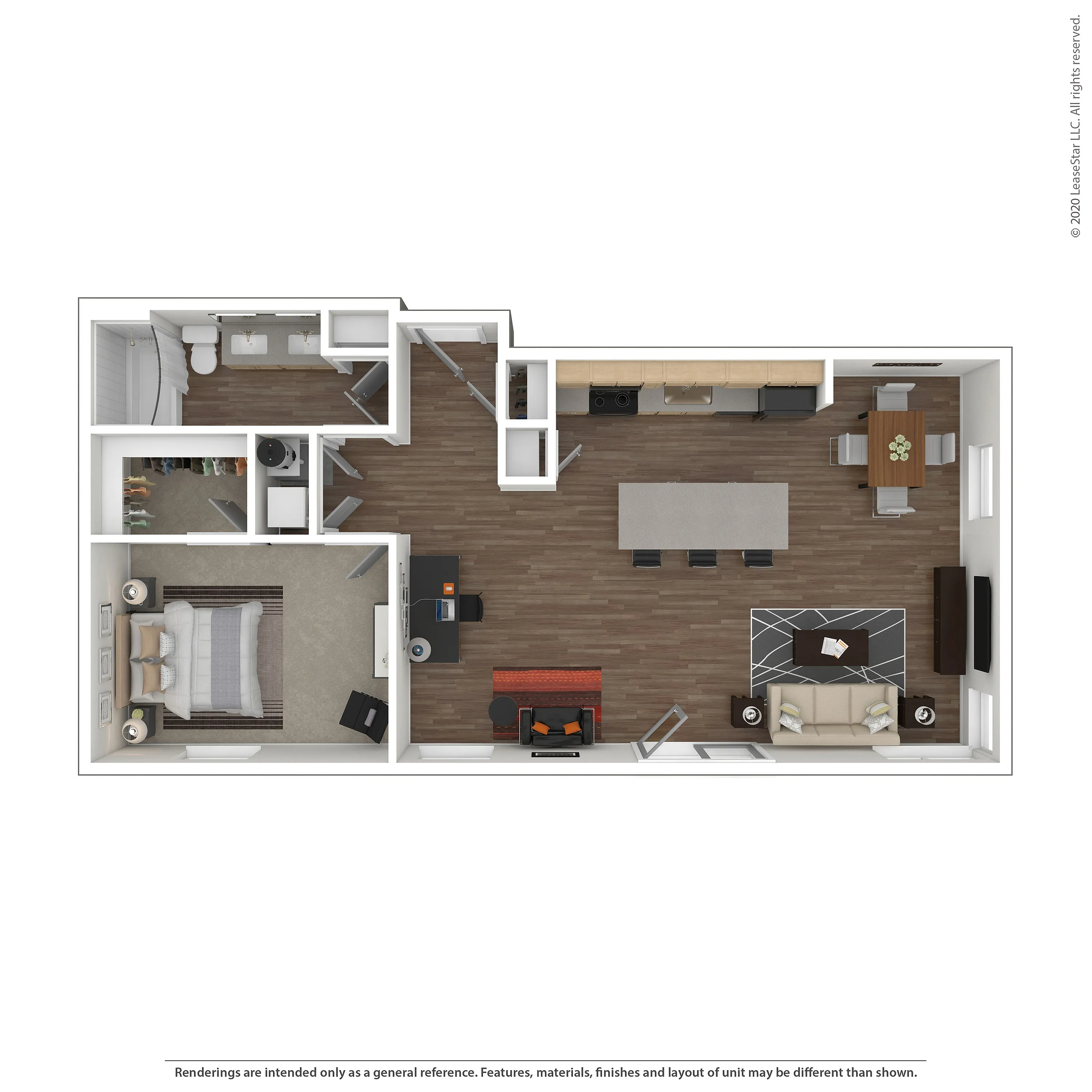 Elegant apartment floor plan featuring a spacious 1-bedroom, open-concept kitchen with a large island, cozy living room, and modern bathroom.