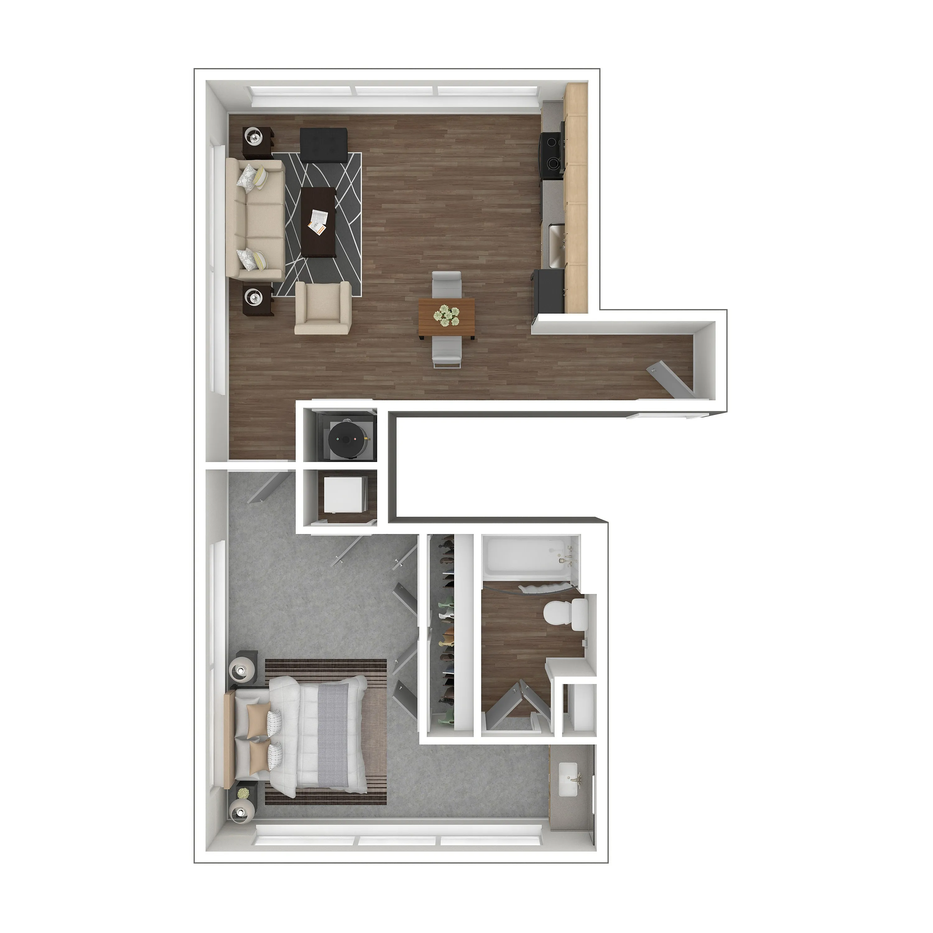 Modern 1-bedroom apartment floor plan with open-concept living area, sleek kitchen, and cozy bedroom, ideal for city living.