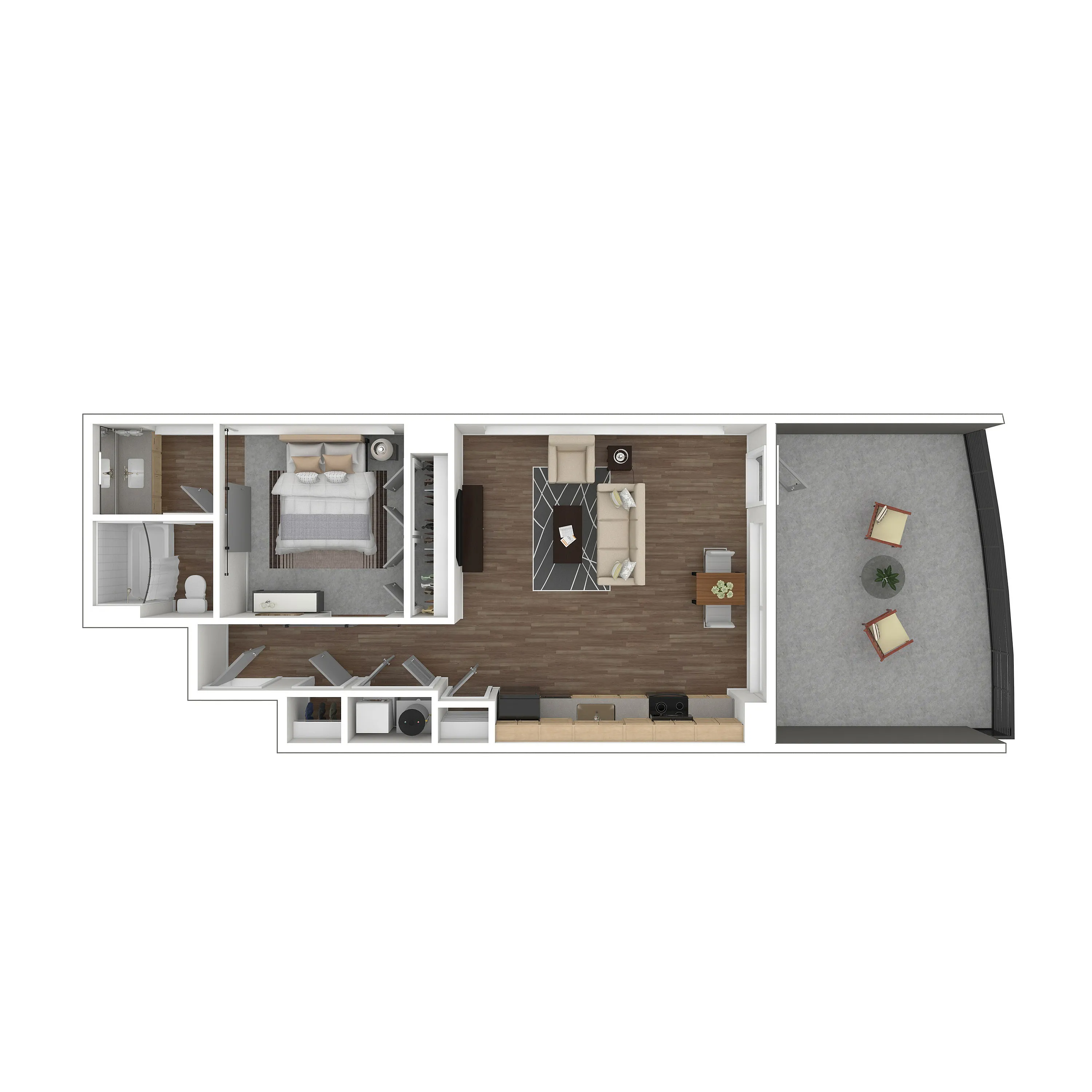 Modern 3D floor plan showcasing a cozy one-bedroom apartment with an open-plan living and kitchen area, private balcony, and elegant bathroom.