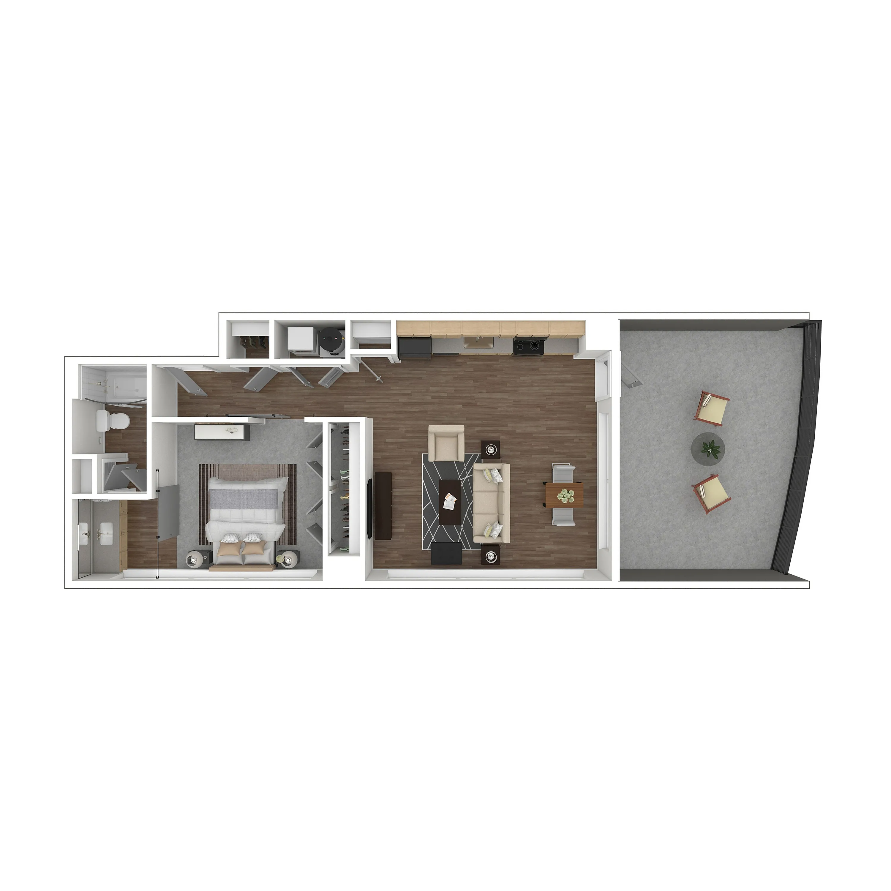 Modern 3D floor plan showcasing a chic one-bedroom apartment with an open-concept living area, a sleek kitchen, and a spacious balcony perfect for relaxation.