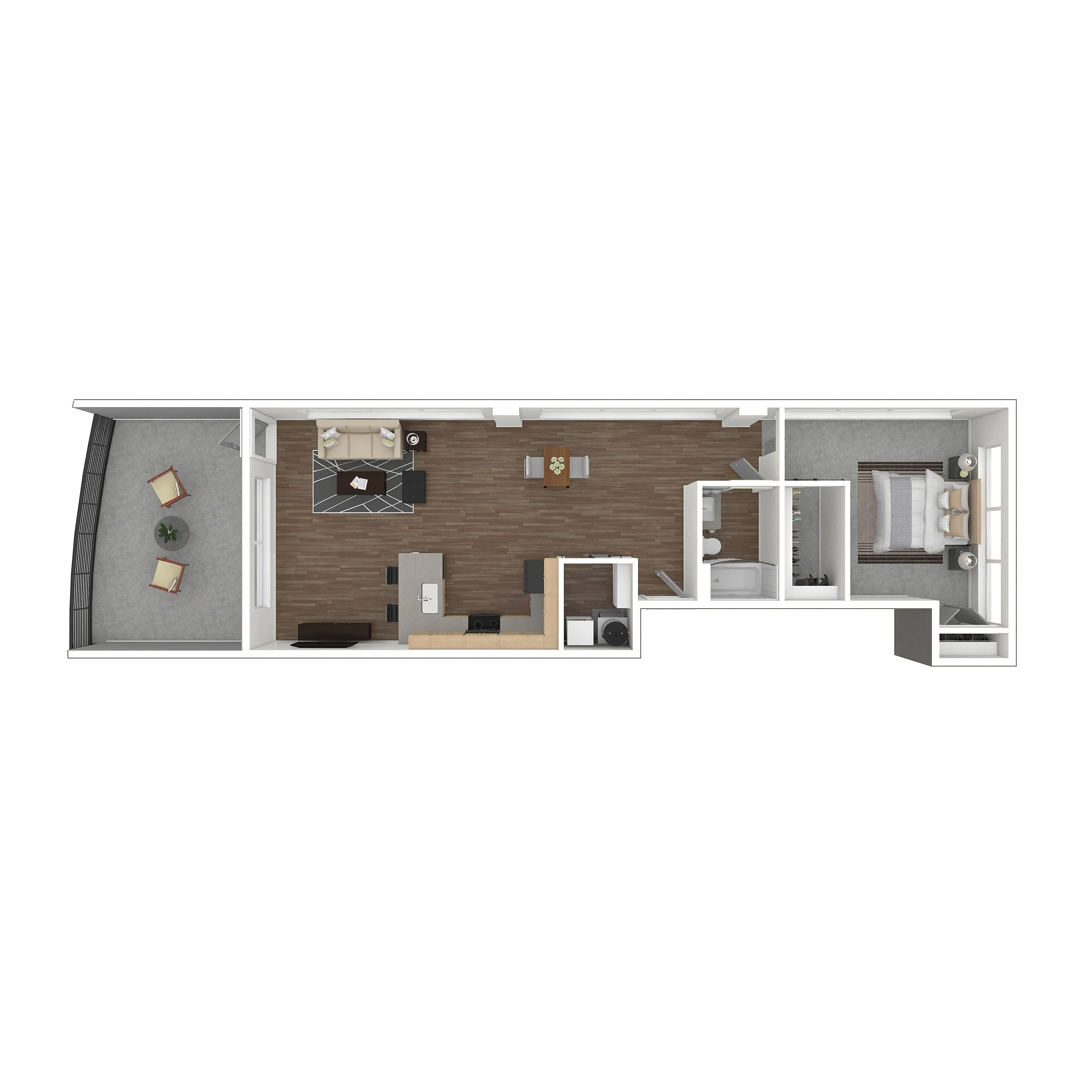 Modern floor plan with 1 bedroom, open living and dining area, stylish kitchen, compact bathroom, and a cozy balcony space.