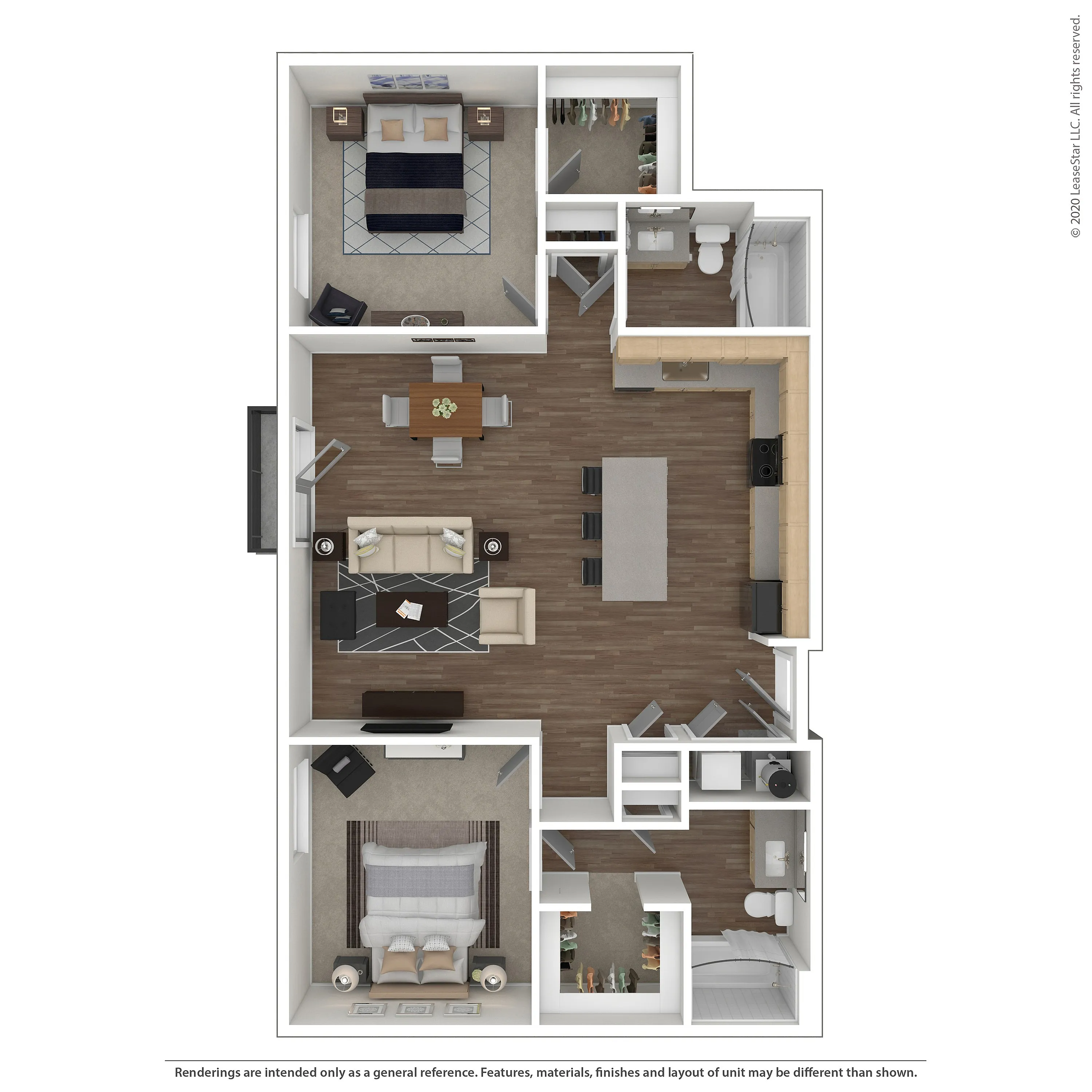 Modern floor plan showcasing 2 spacious bedrooms, open living area, and sleek kitchen with hardwood flooring.