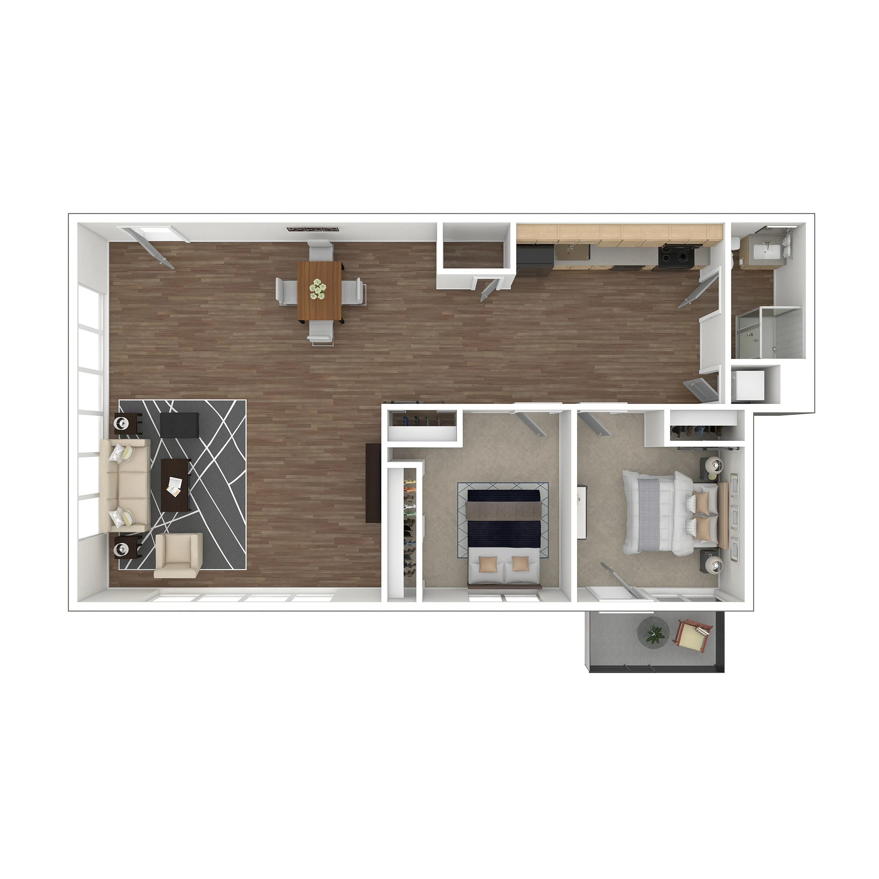 Chic floor plan showcasing an elegant open-concept living and dining area, a modern kitchen, two cozy bedrooms, and a stylish bathroom.
