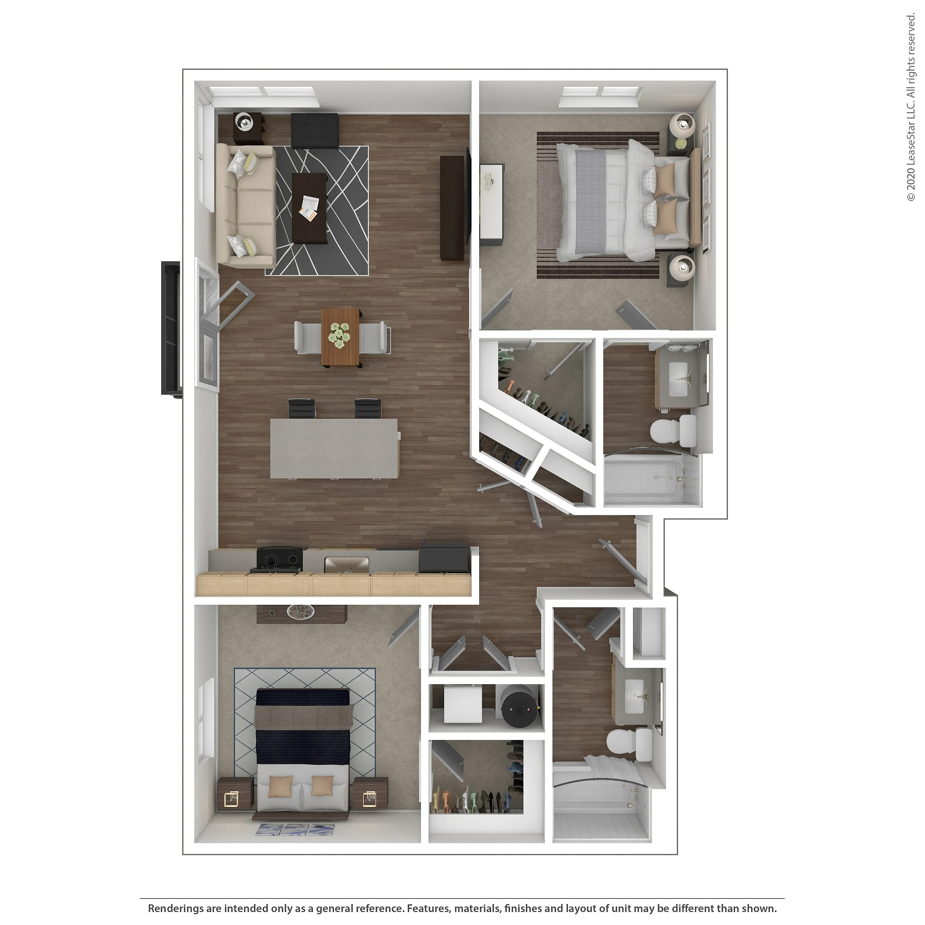Modern 3D floor plan showcasing an elegant one-bedroom apartment, featuring an open-concept living and dining area, contemporary kitchen, and a stylish bathroom.