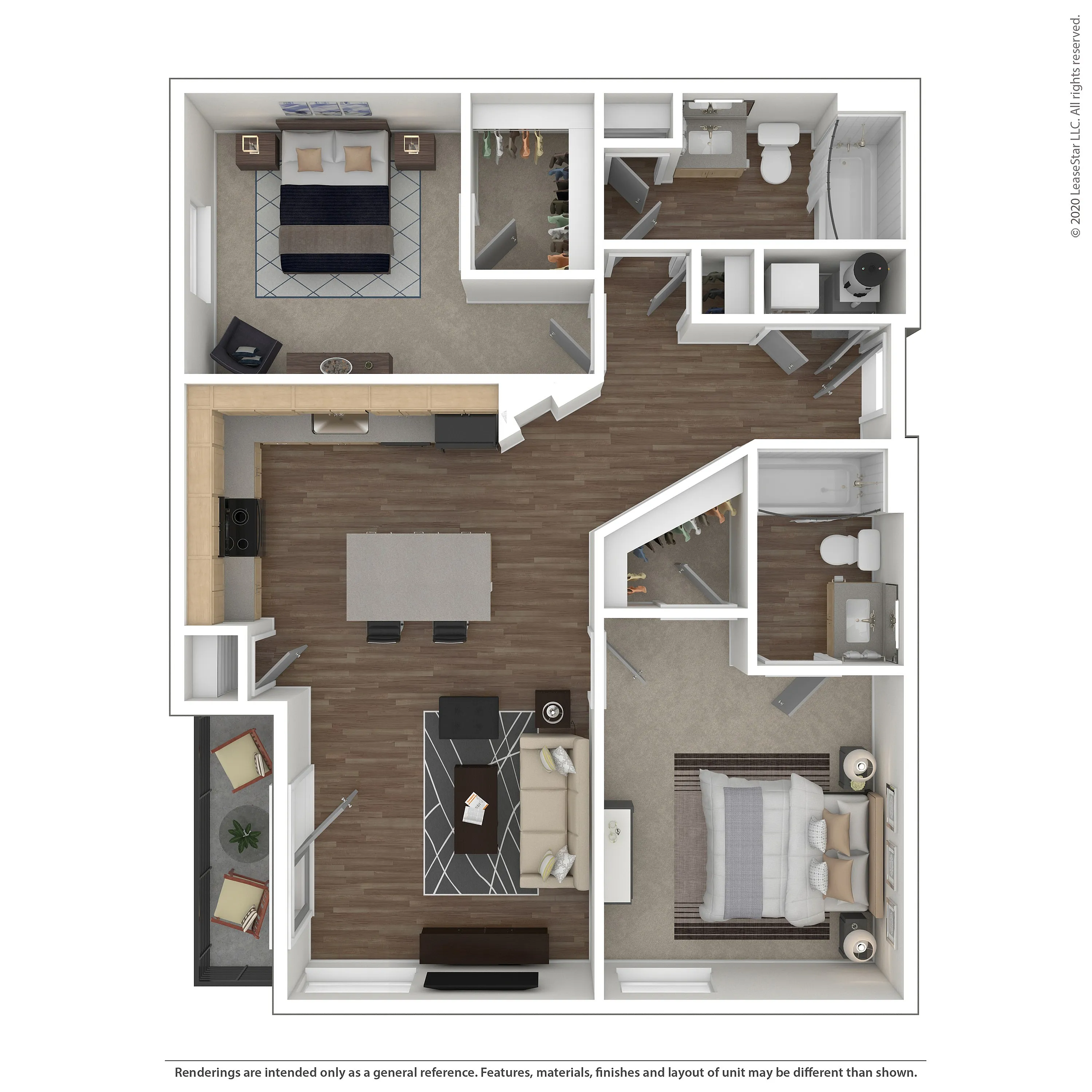 Contemporary 2-bedroom apartment floor plan featuring an open-concept kitchen and dining area, stylish living room, and two elegant bathrooms.