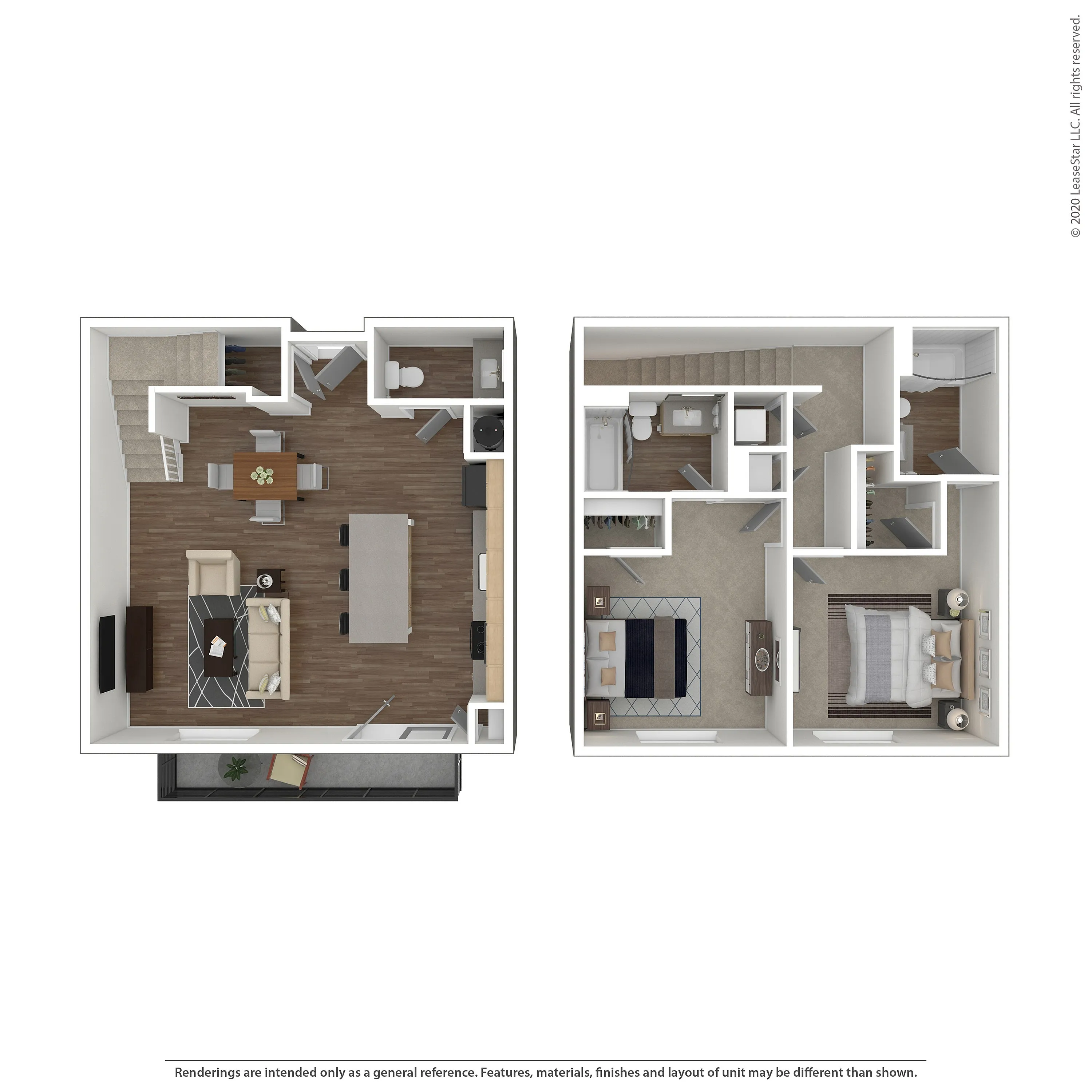Modern 2-story floor plan featuring open-concept living and dining area downstairs with two cozy bedrooms and a bathroom upstairs.