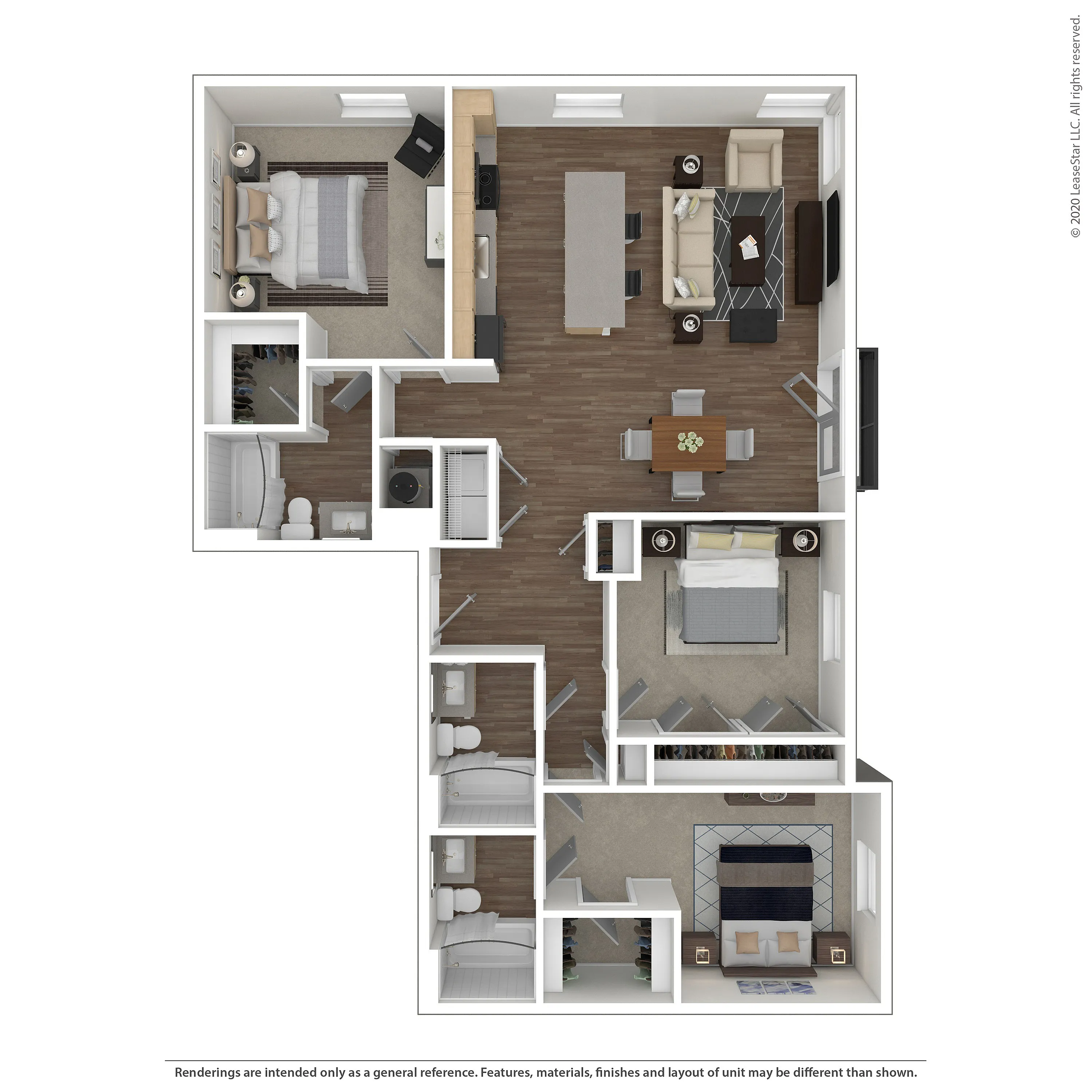 Modern apartment floor plan featuring two bedrooms, a spacious living area, and a sleek kitchen, perfect for comfortable living.