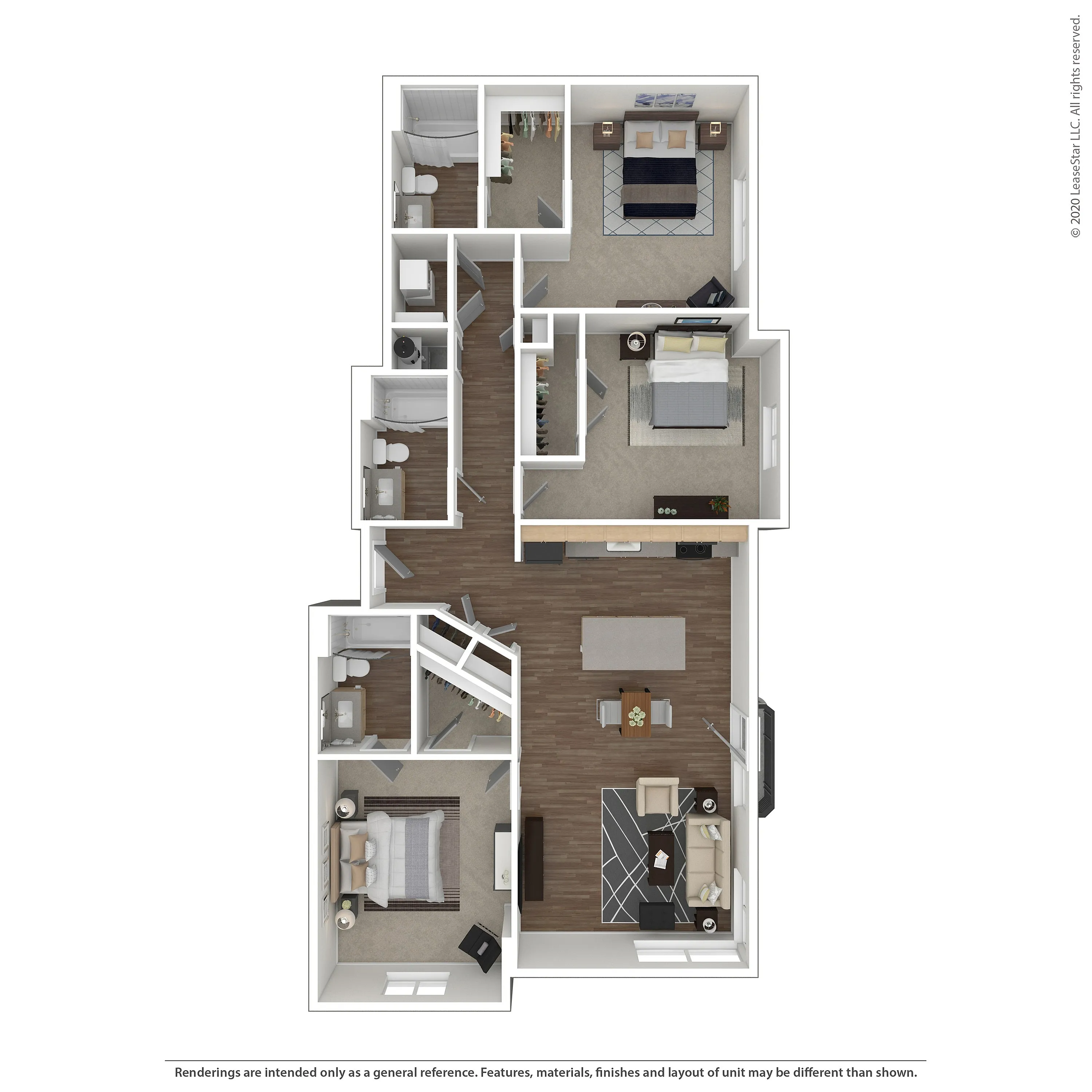 Chic 3D apartment floor plan showcasing 3 bedrooms, 2 bathrooms, a modern kitchen with a breakfast bar, an elegant living room, and spacious closets.