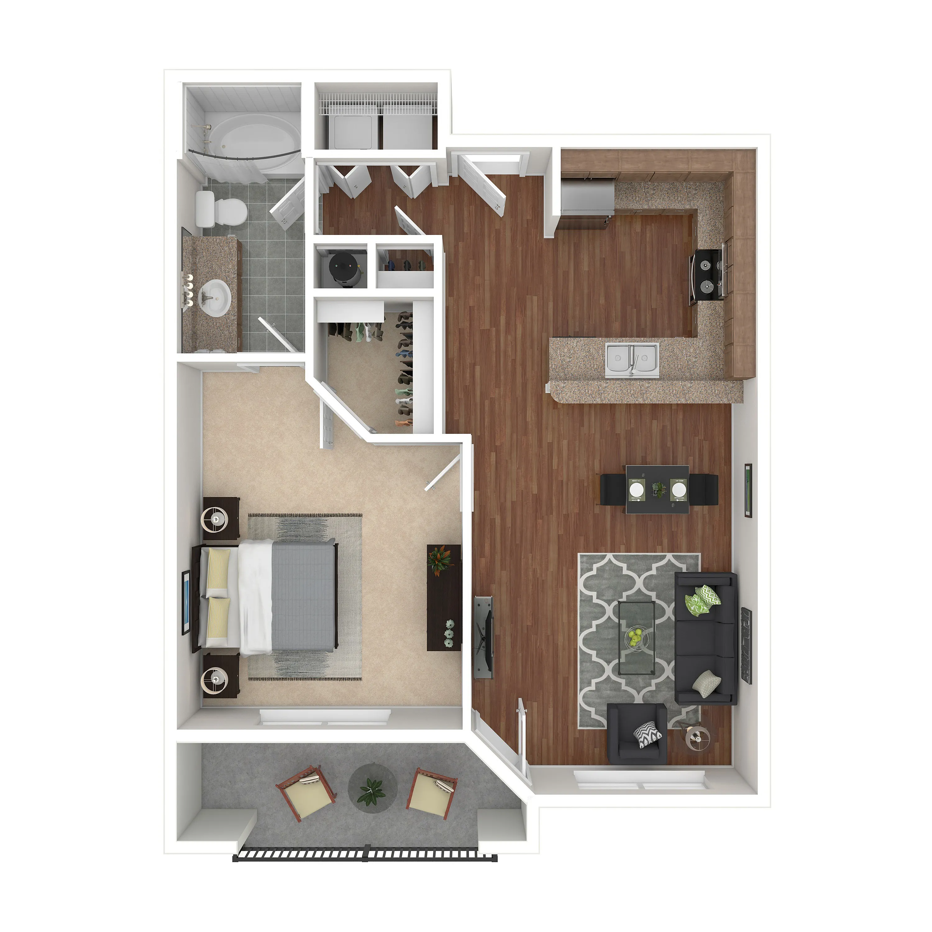 Chic floor plan showcasing a stylish 1-bedroom apartment with an open kitchen, cozy living space, and private balcony.