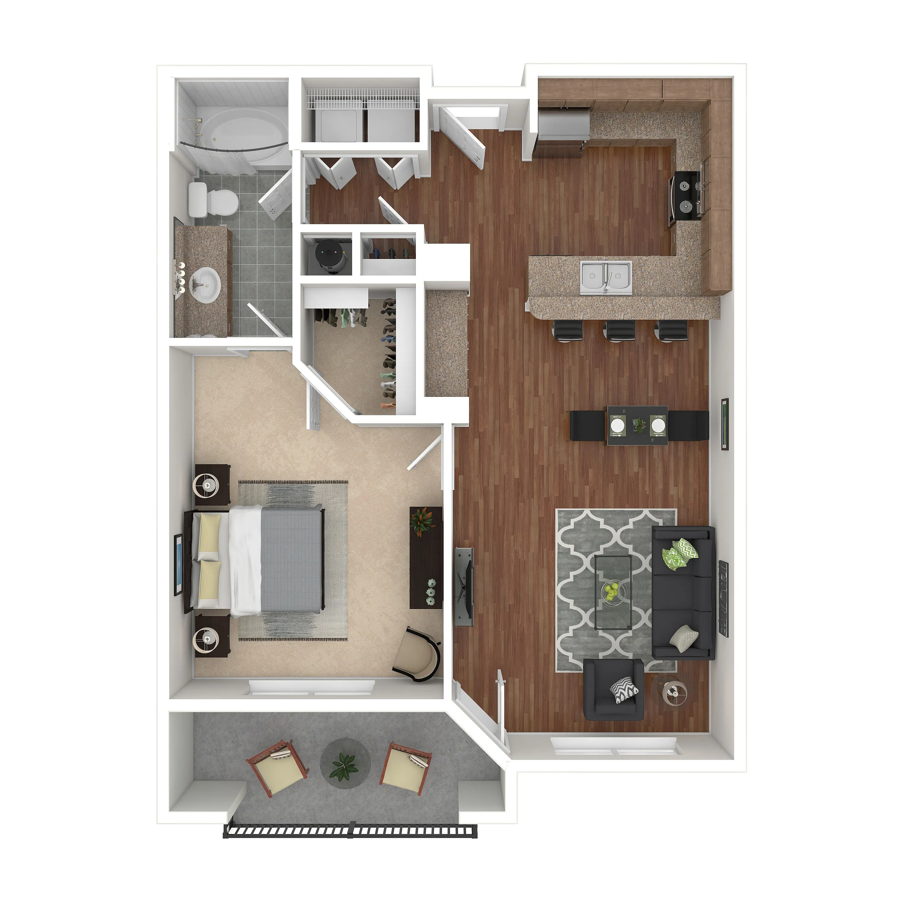 Modern 1-bedroom apartment floor plan featuring spacious living area, sleek kitchen with breakfast bar, and a cozy private balcony.