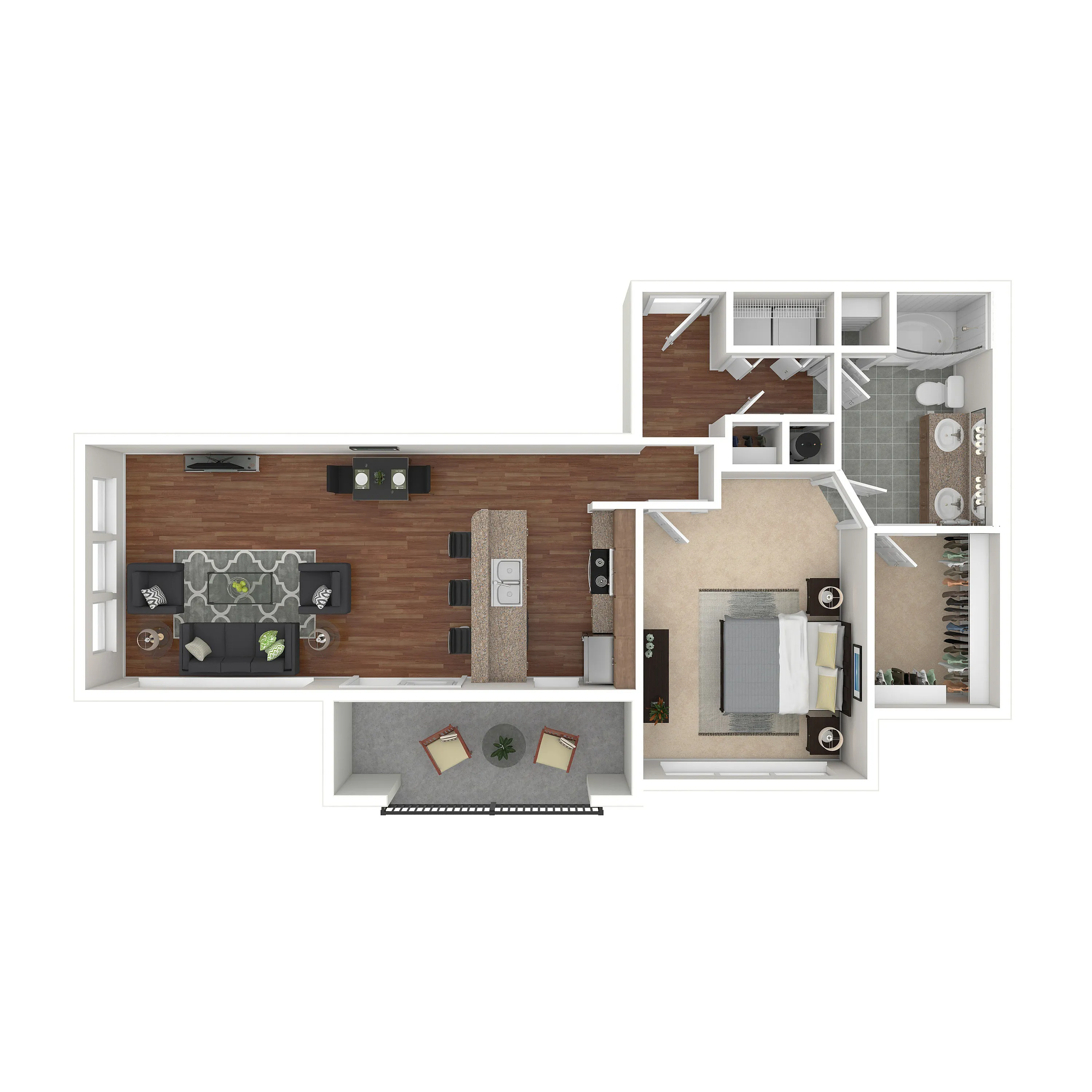 Modern apartment floor plan featuring a spacious living room, open-concept kitchen with island seating, cozy bedroom, and elegant bathroom, ideal for comfortable living.