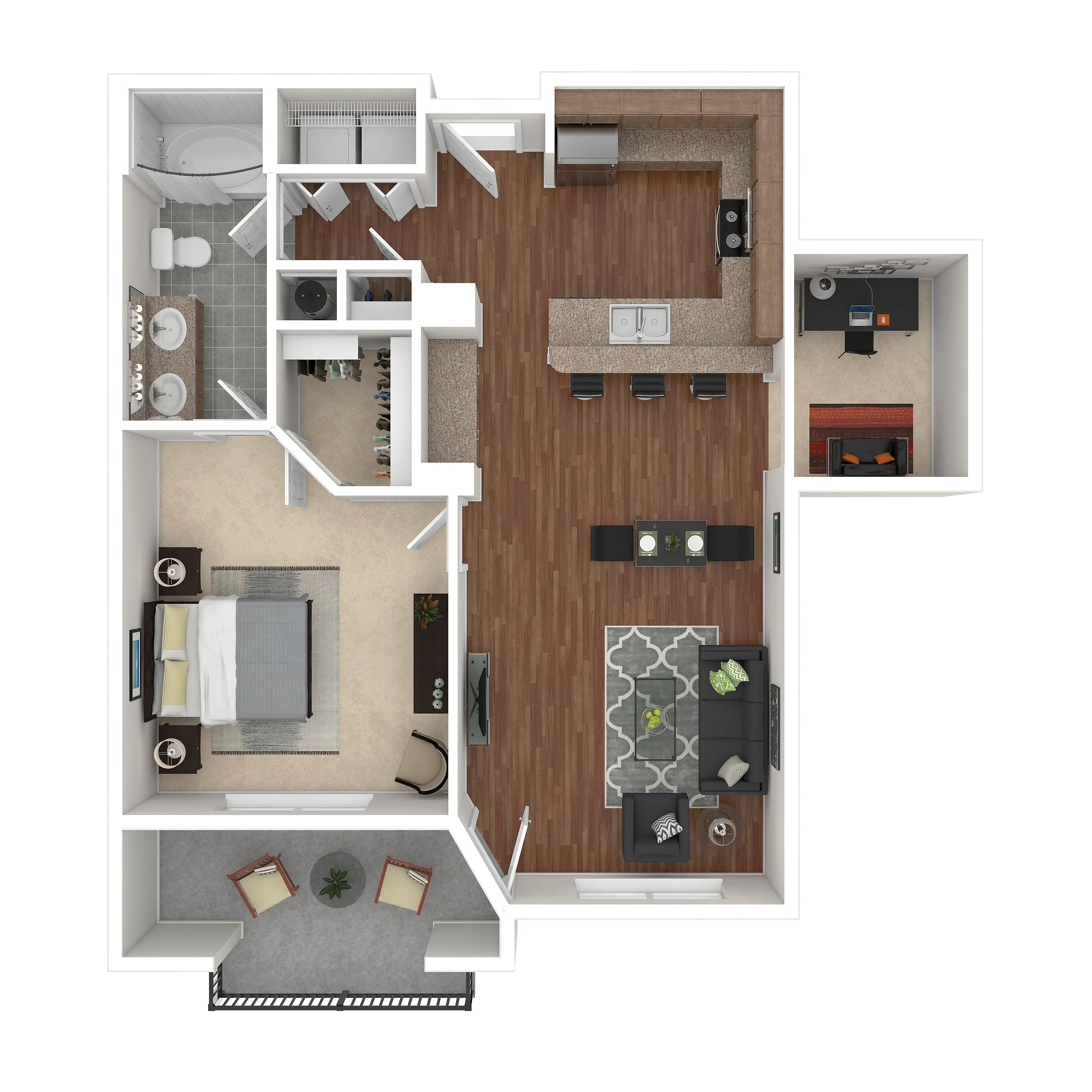 Contemporary 3D floor plan showcasing 1 bedroom with a walk-in closet, a deluxe bathroom, open-concept kitchen and living area, plus a cozy home office and charming balcony.