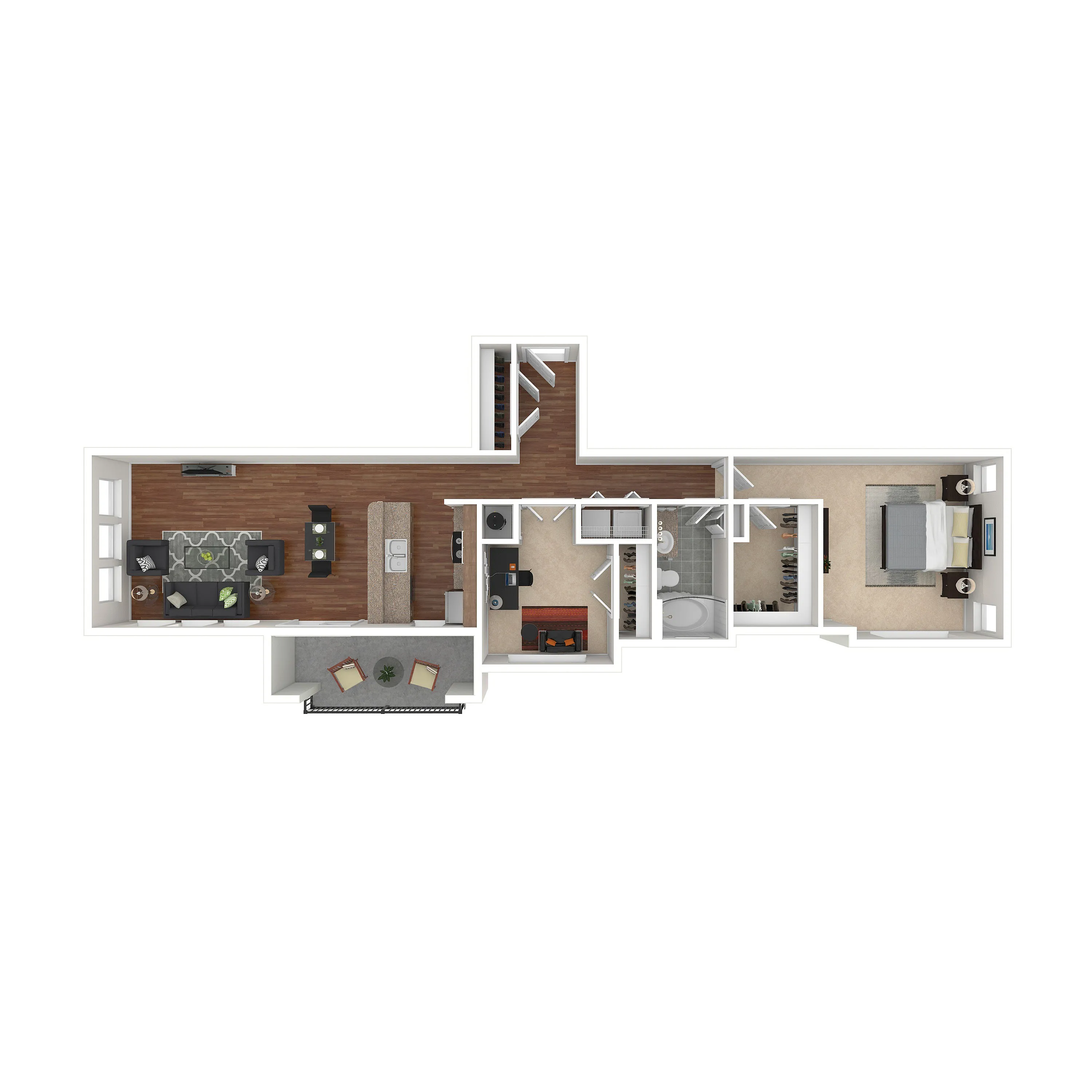 Modern 3D floor plan showcasing a one-bedroom apartment with spacious living area, sleek kitchen, and private balcony.