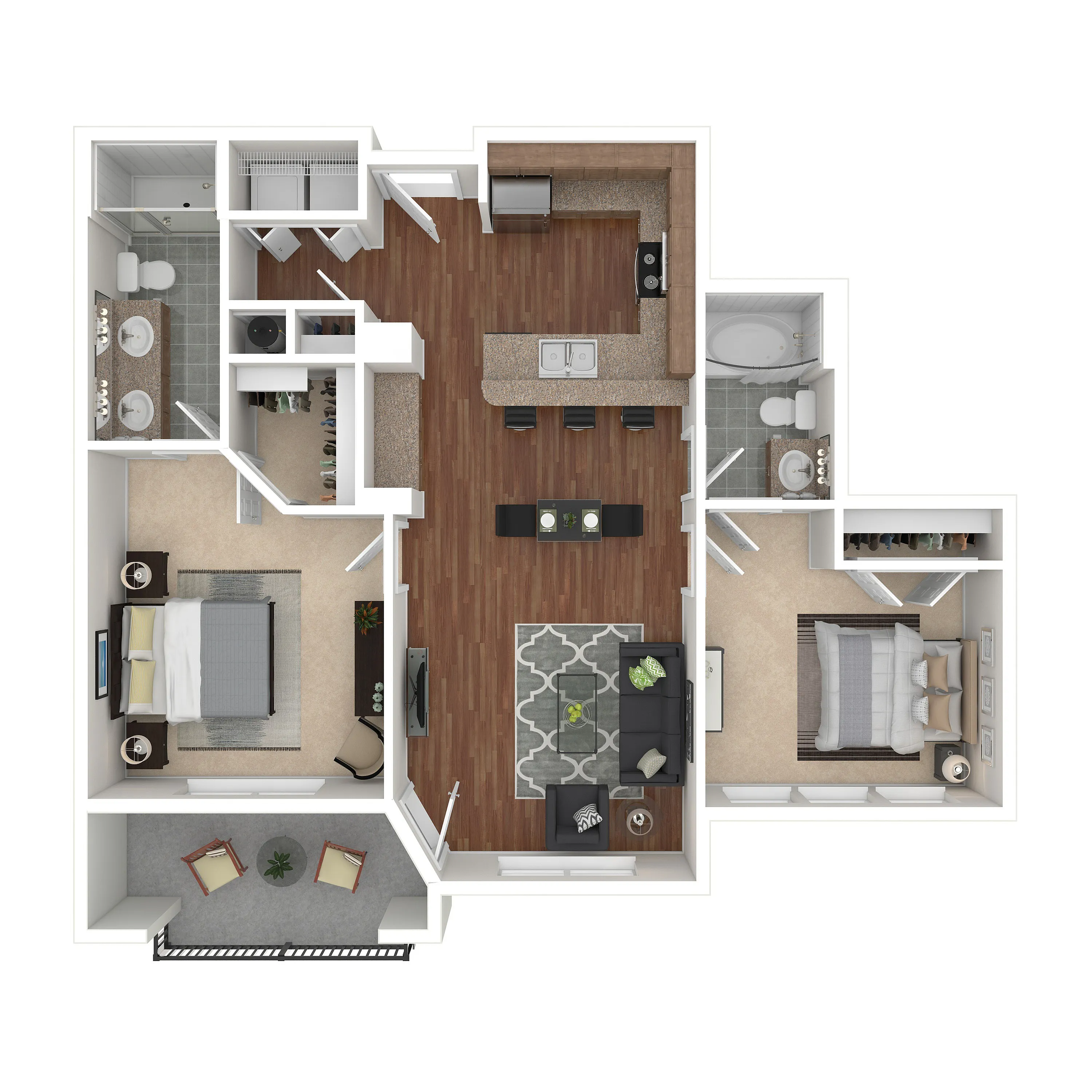 Upscale 3D floor plan showcasing a 2-bedroom apartment with elegant furnishings, a modern kitchen, and a spacious open-concept living area.