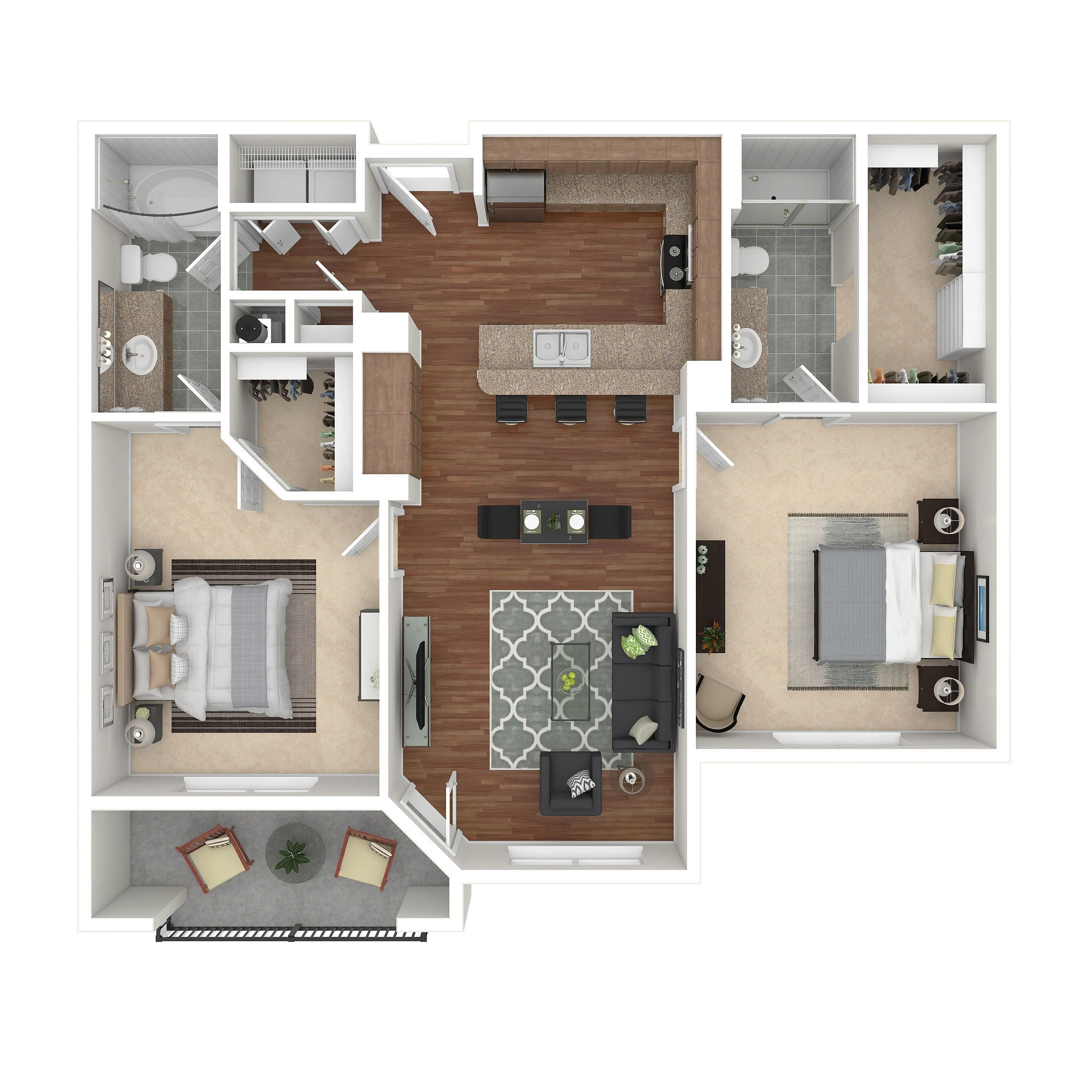 Bright 3D floor plan highlighting two spacious bedrooms, modern kitchen with island, open living and dining area, two bathrooms, and a cozy patio.