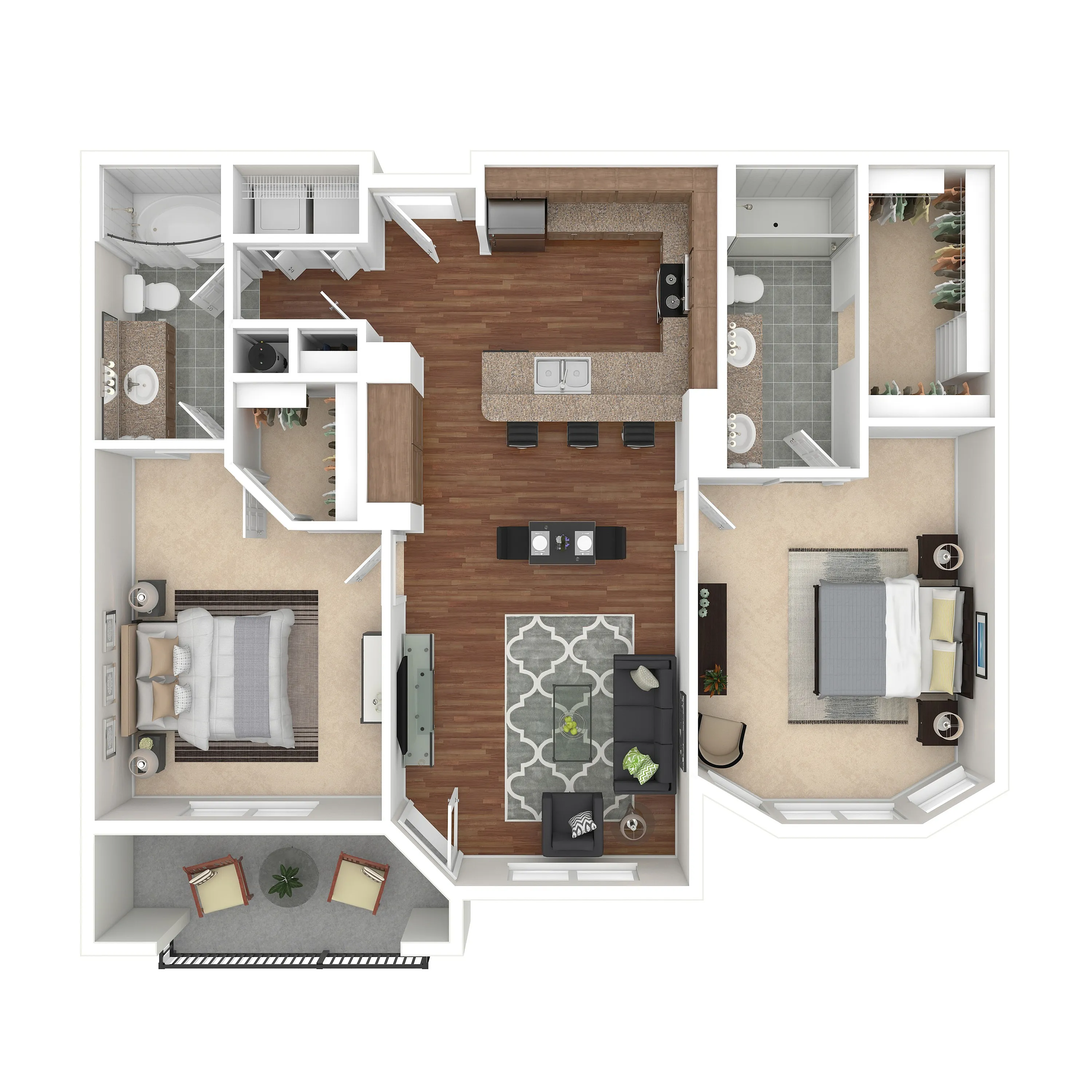 Elegant apartment floor plan showcasing 2 bedrooms, spacious living area, modern kitchen, and 2 bathrooms with a cozy balcony.