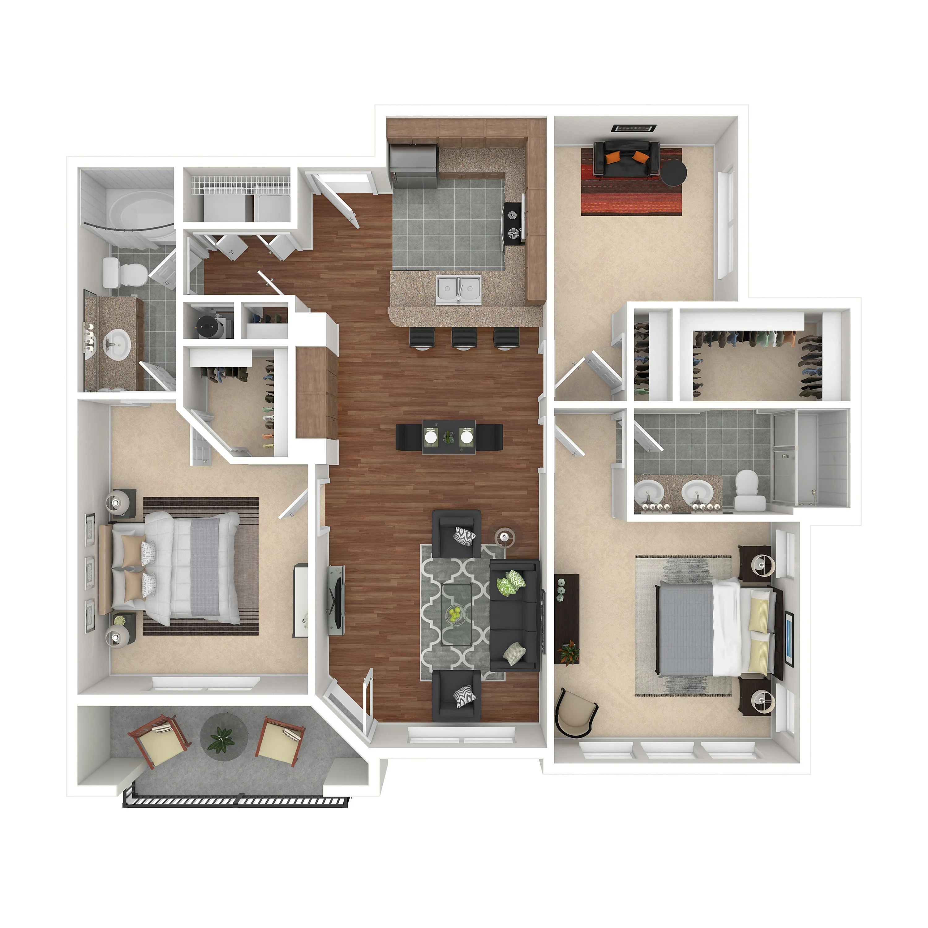 Modern 2D floor plan showcasing two elegant bedrooms, spacious open-concept kitchen with island seating, and cozy living area, ideal for stylish living.