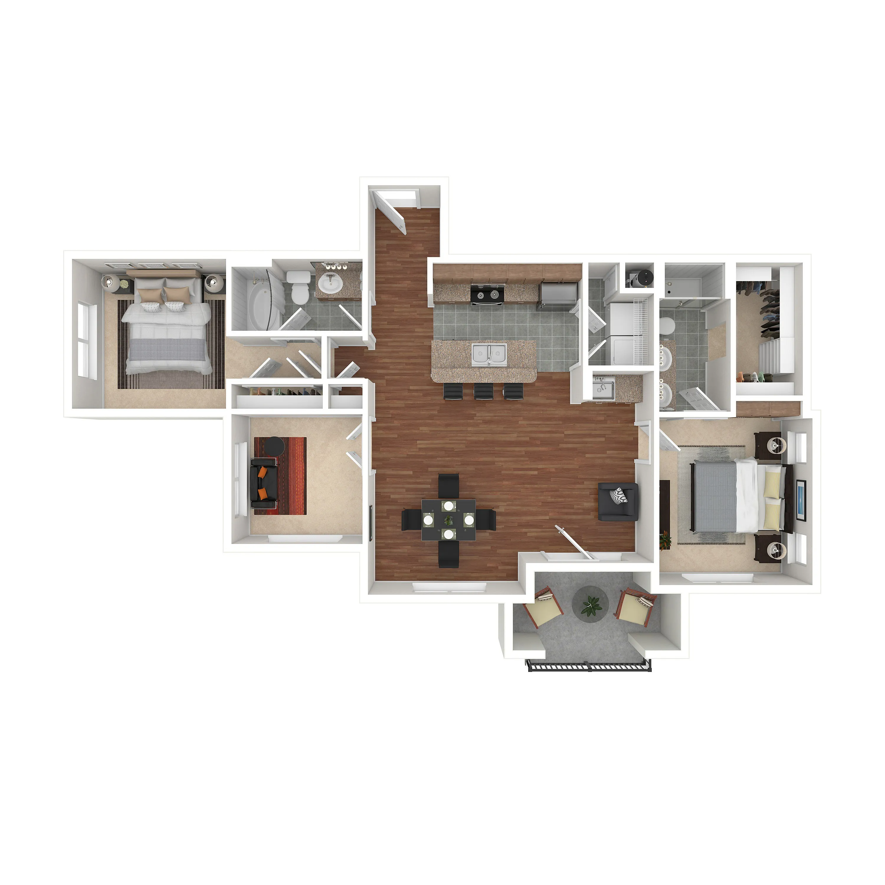 Elegant 3D floor plan showcasing two cozy bedrooms, a modern open-concept kitchen with an island, a spacious living area, and a stylish dining room. Features include two bathrooms, a comfortable lounge, and a private balcony for relaxation.