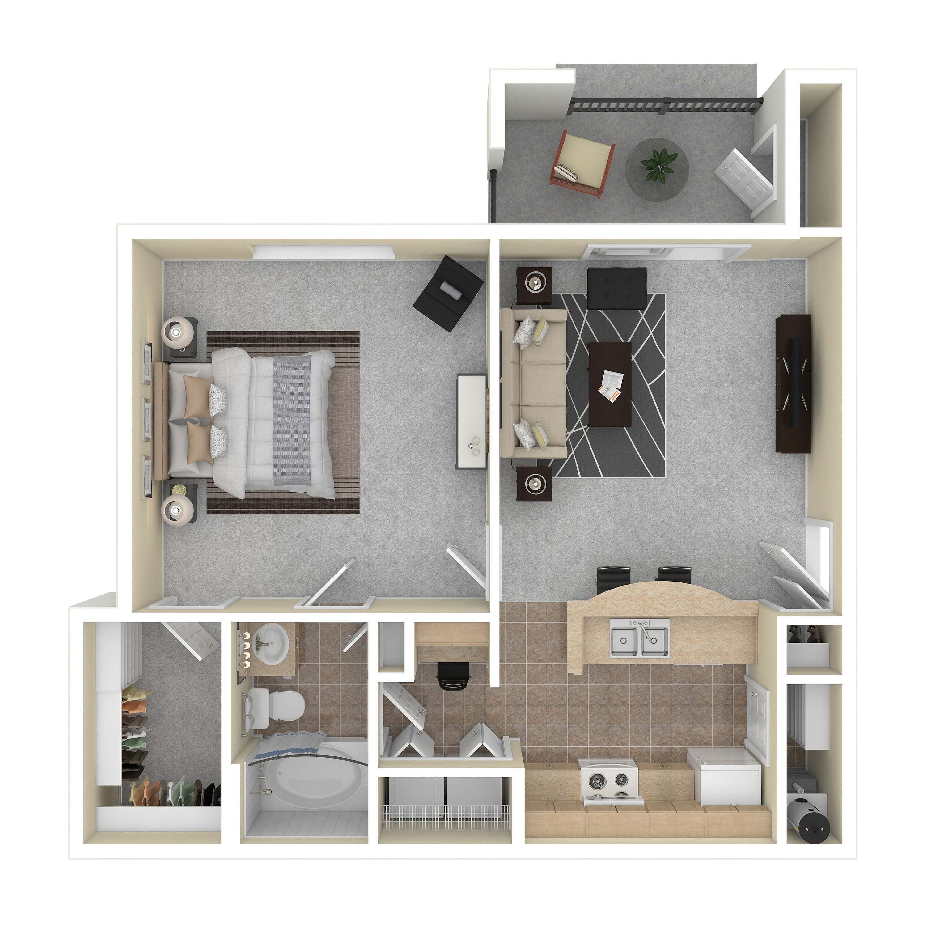 Modern 2D floor plan showcasing a spacious 1-bedroom apartment with a cozy living room, fully-equipped kitchen, and elegant bathroom.