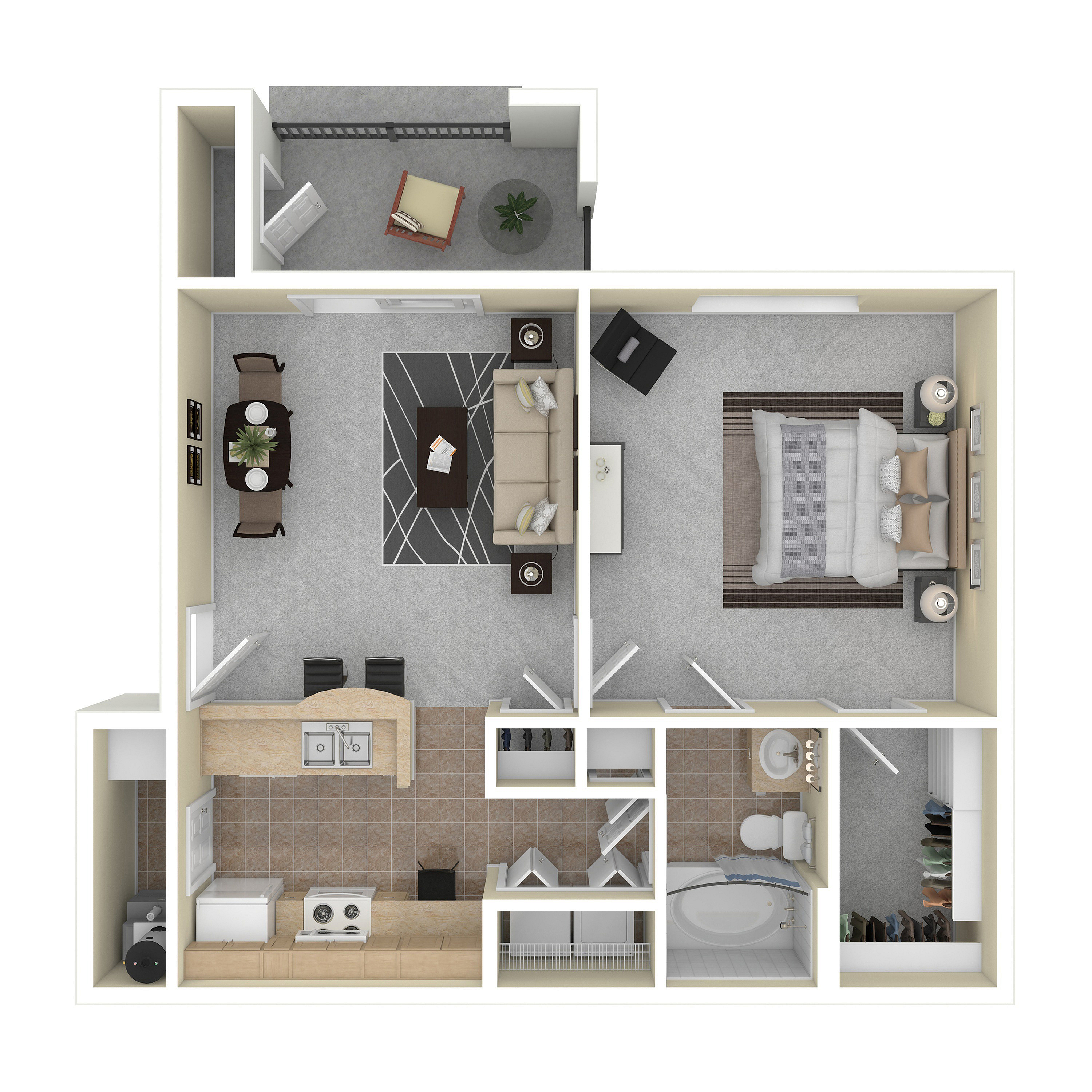 Modern 1-bedroom apartment floor plan featuring a cozy living room, gourmet kitchen, balcony, and a stylish bathroom.