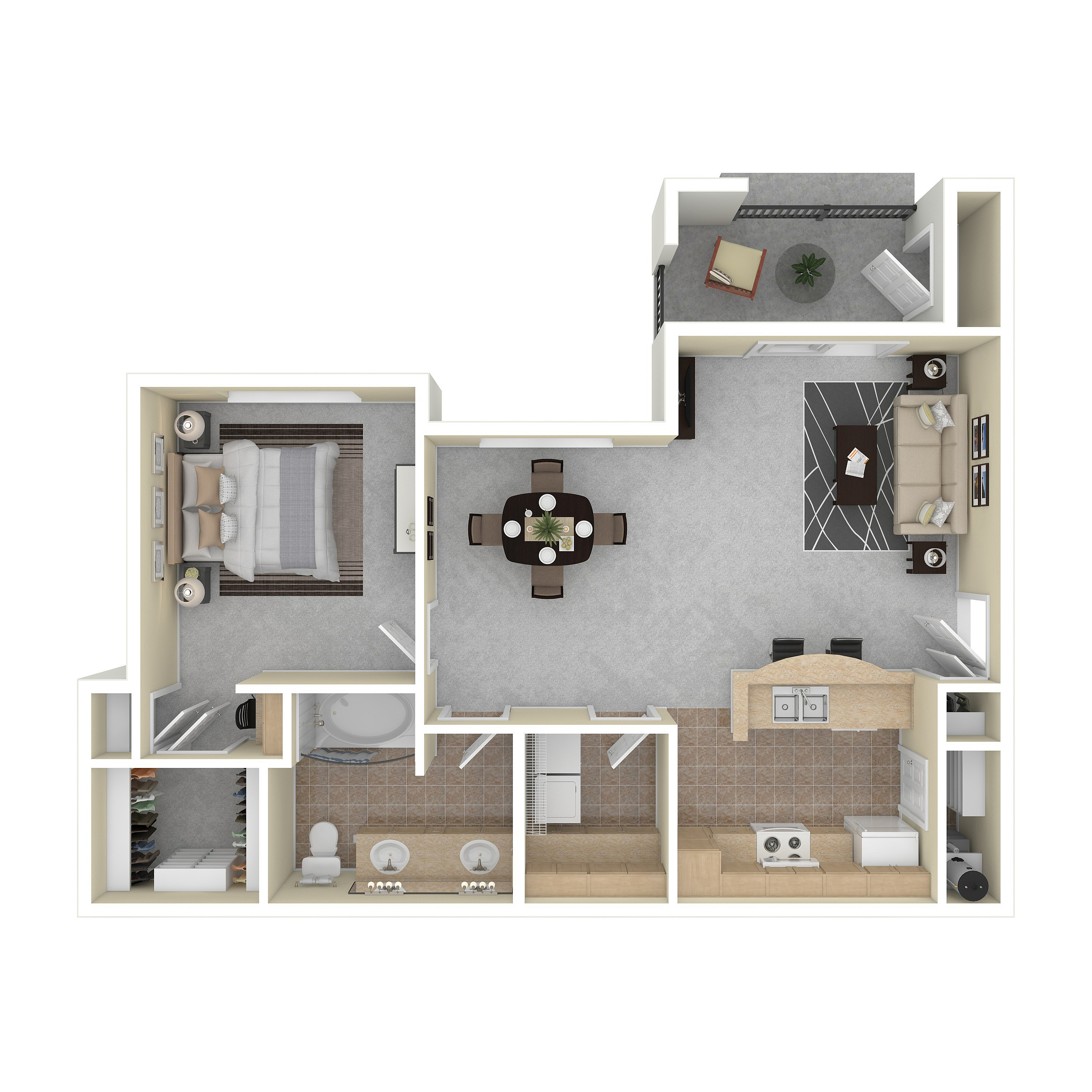 Modern 2D floor plan featuring a spacious open-concept living room, stylish kitchen, cozy bedroom with en-suite bathroom, and a charming balcony.