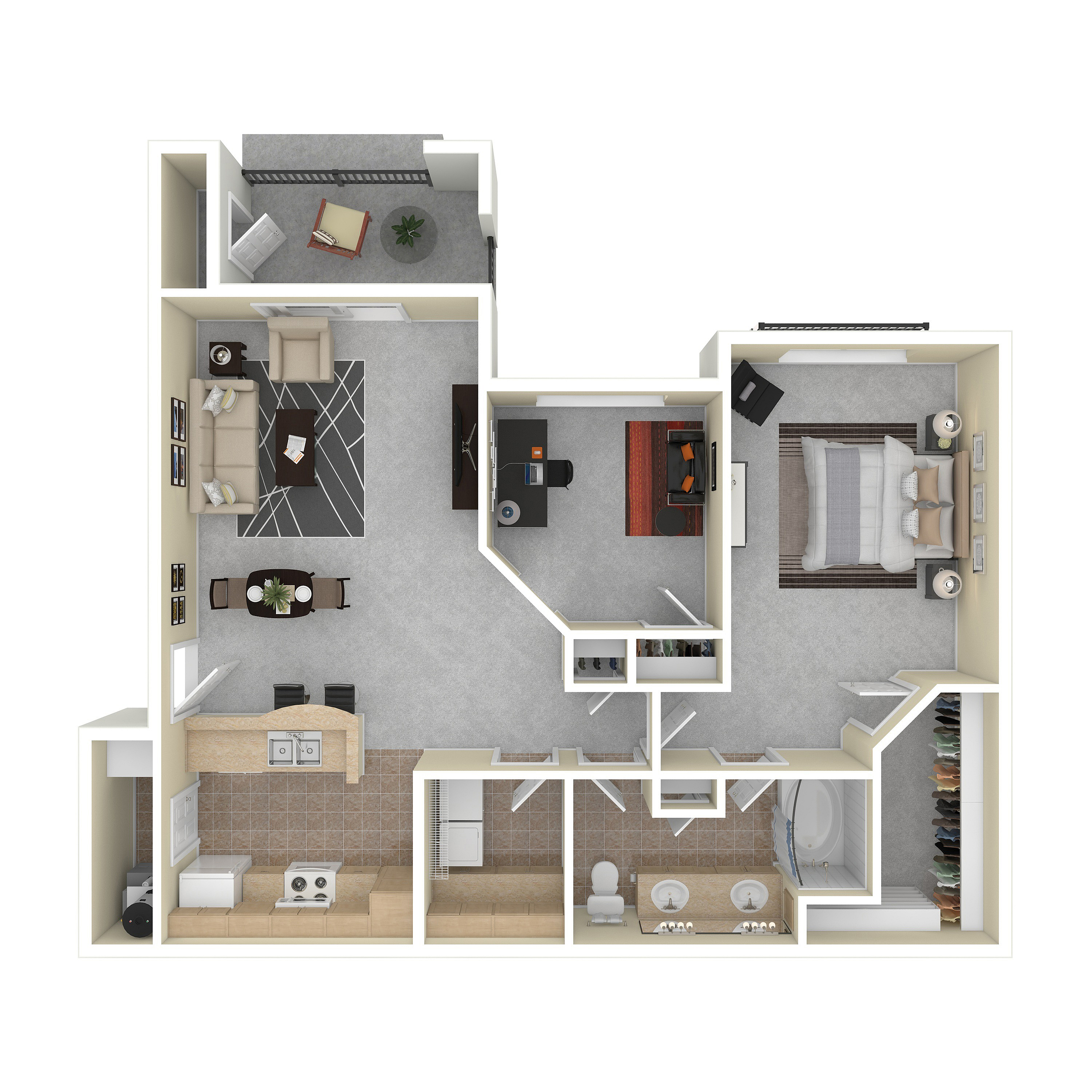 Elegant 2D floor plan featuring a spacious bedroom, inviting living room, modern kitchen, and two bathrooms, with a cozy balcony for relaxation.