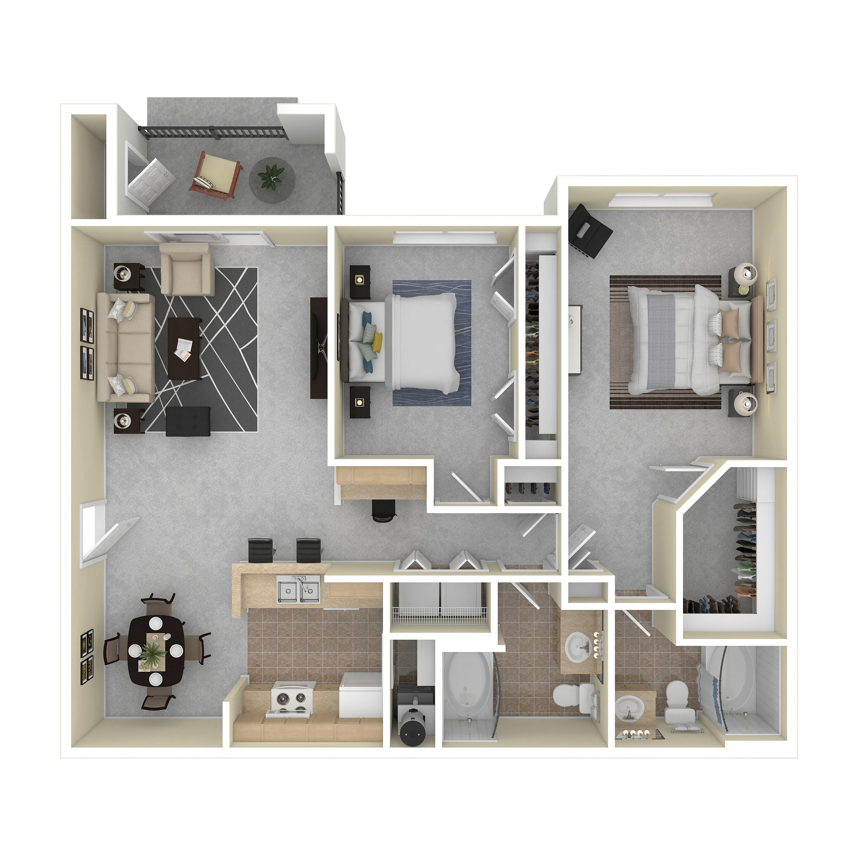 Charming 2-bedroom apartment floor plan featuring a cozy living room, modern kitchen with a breakfast bar, and two well-appointed bathrooms.
