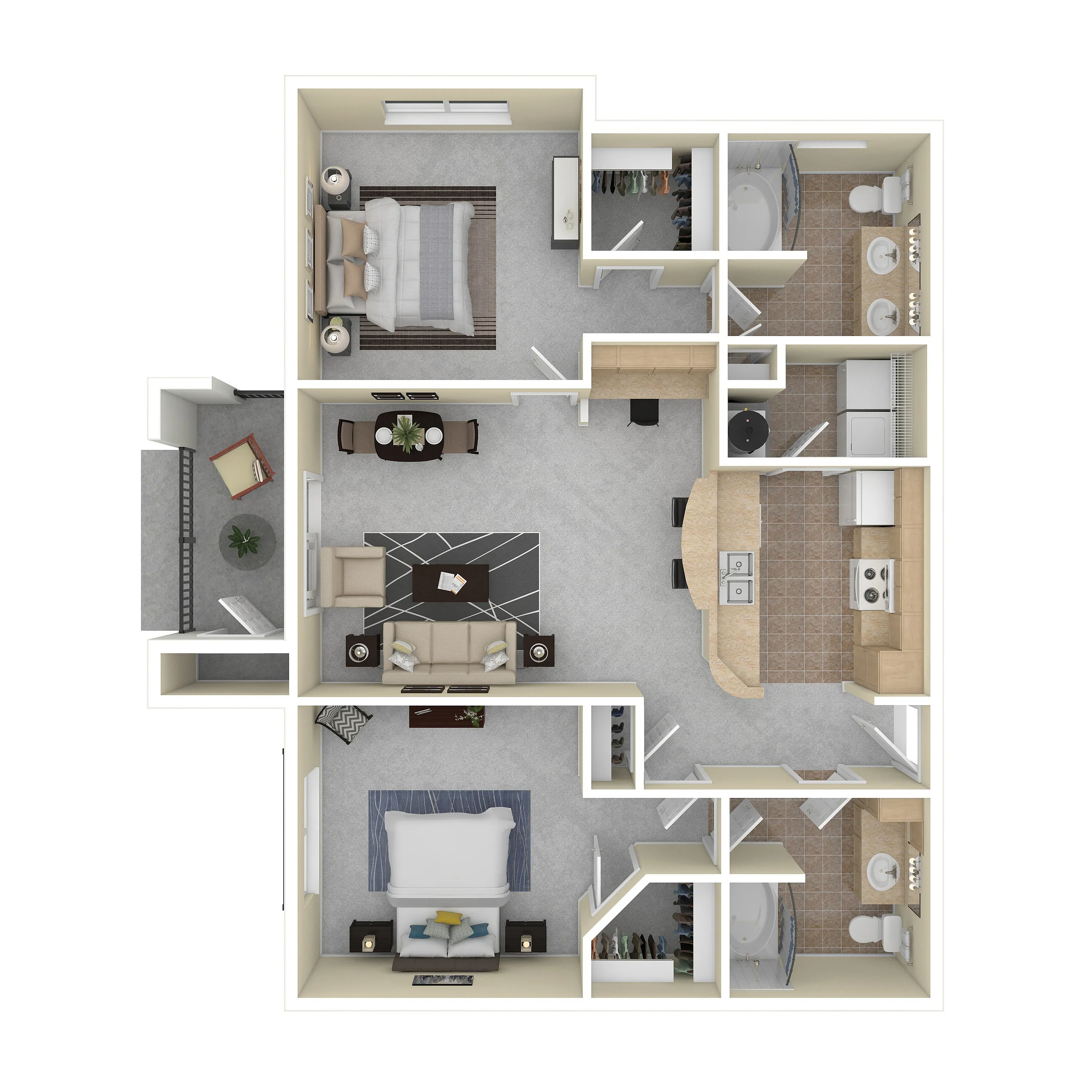 Inviting 2D floor plan highlighting a contemporary 2-bedroom apartment with a spacious living room, modern kitchen, and two elegant bathrooms.