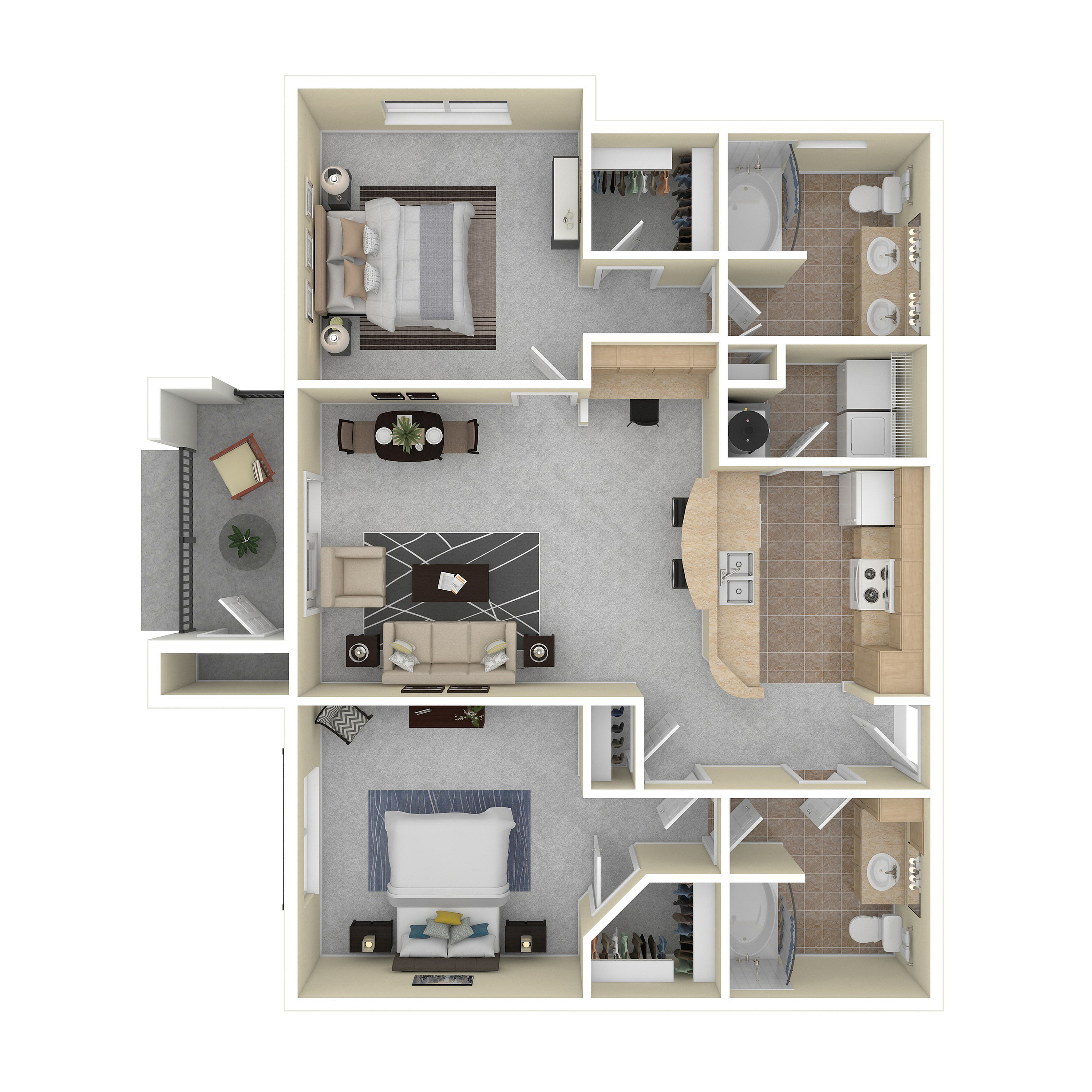 Modern 3D floor plan showcasing 2 bedrooms, open-concept living and dining area, spacious kitchen, and two elegant bathrooms with ample storage.